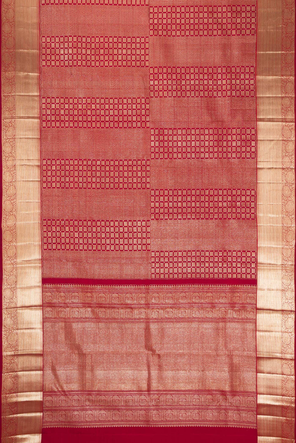 Flat view of Maroon Kanchipuram Silk Saree with Zari Brocade on the body and Zari Border. 