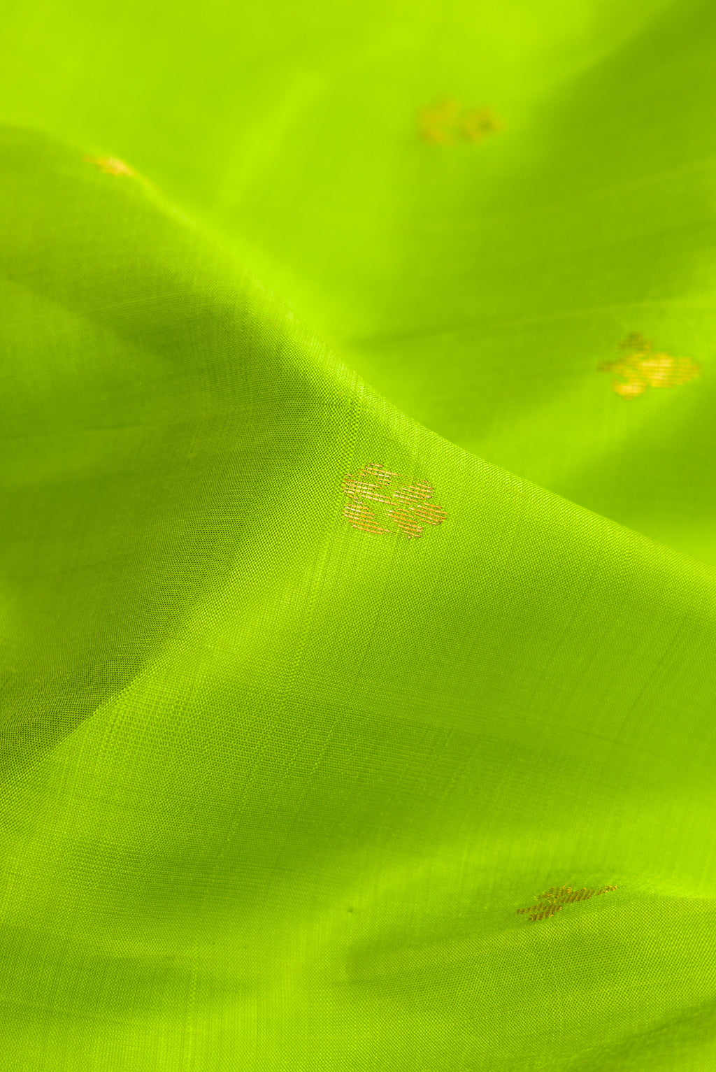 Close up of Parrot Green Dual Tone Kanjivaram Silk Saree with Zari Butta on the body and Zari Border.  displaying folds