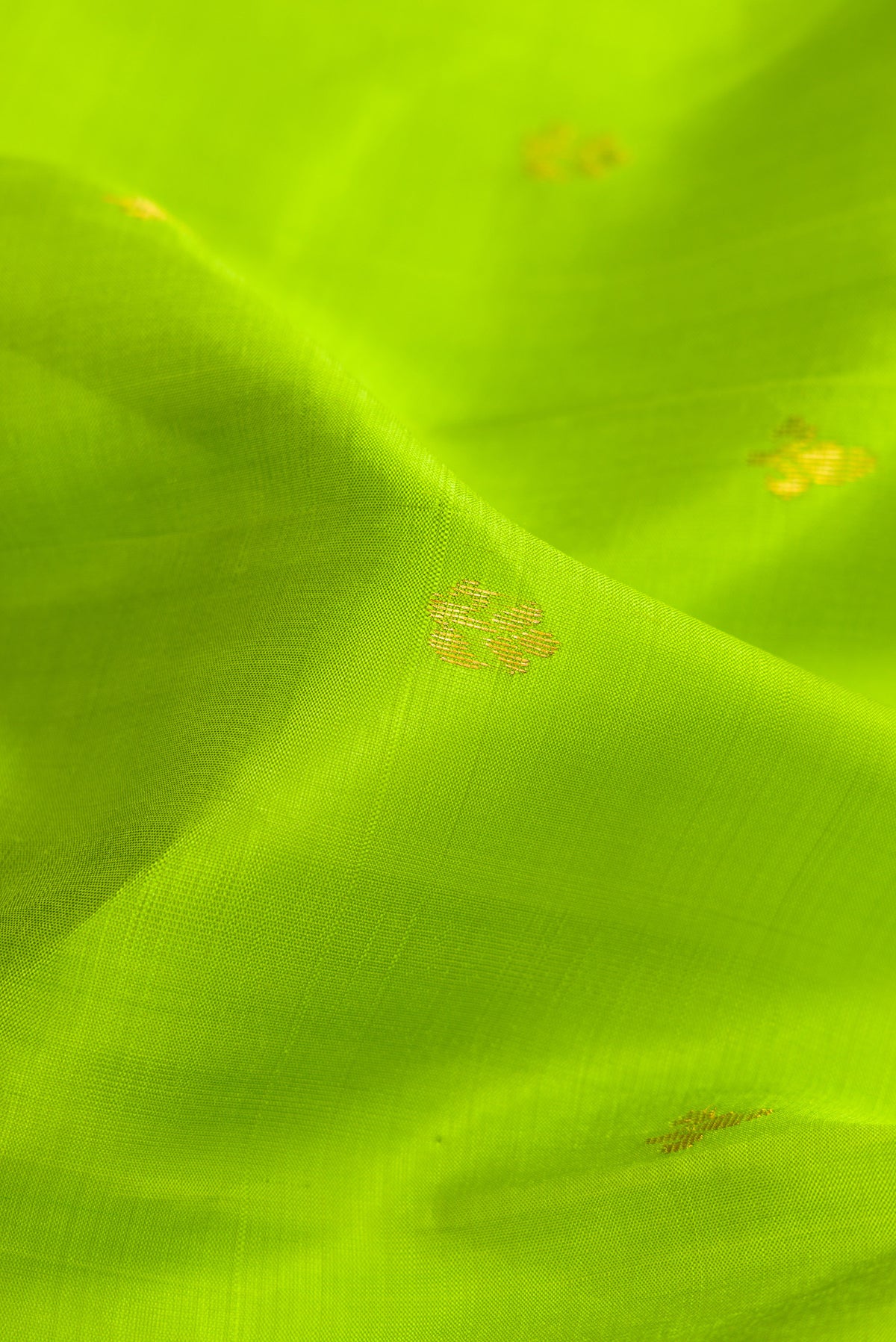 Close up of Parrot Green Dual Tone Kanjivaram Silk Saree with Zari Butta on the body and Zari Border.  displaying folds