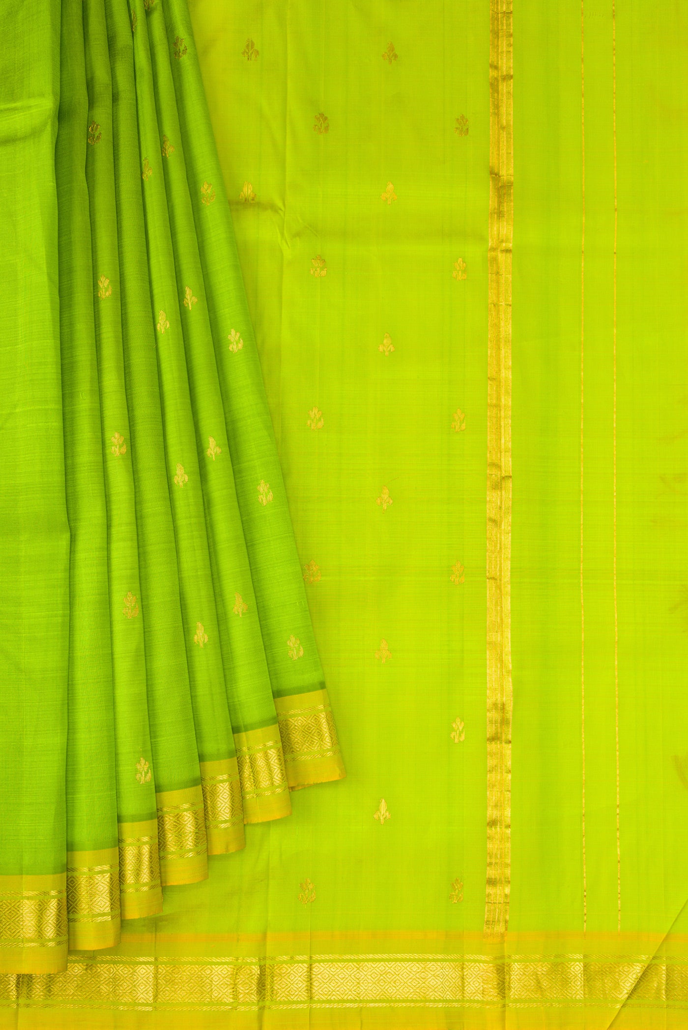 Pleats and pallu of Parrot Green Dual Tone Kanjivaram Silk Saree with Zari Butta on the body and Zari Border. 