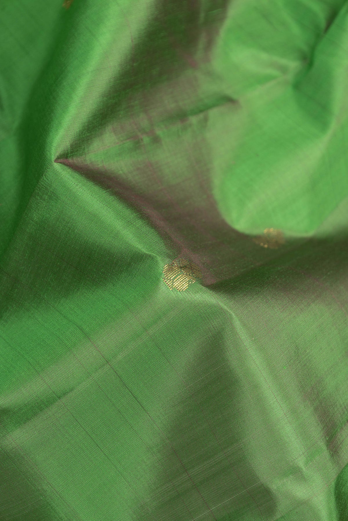 Close up of Green Kanjivaram Silk Saree with Zari Butta on the body and One Side Border.  displaying folds