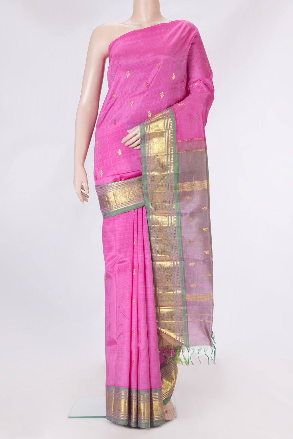 Pink Dual Tone Kanjivaram Silk Saree with Zari Butta on the body and One Side Border.  displayed on a mannequin