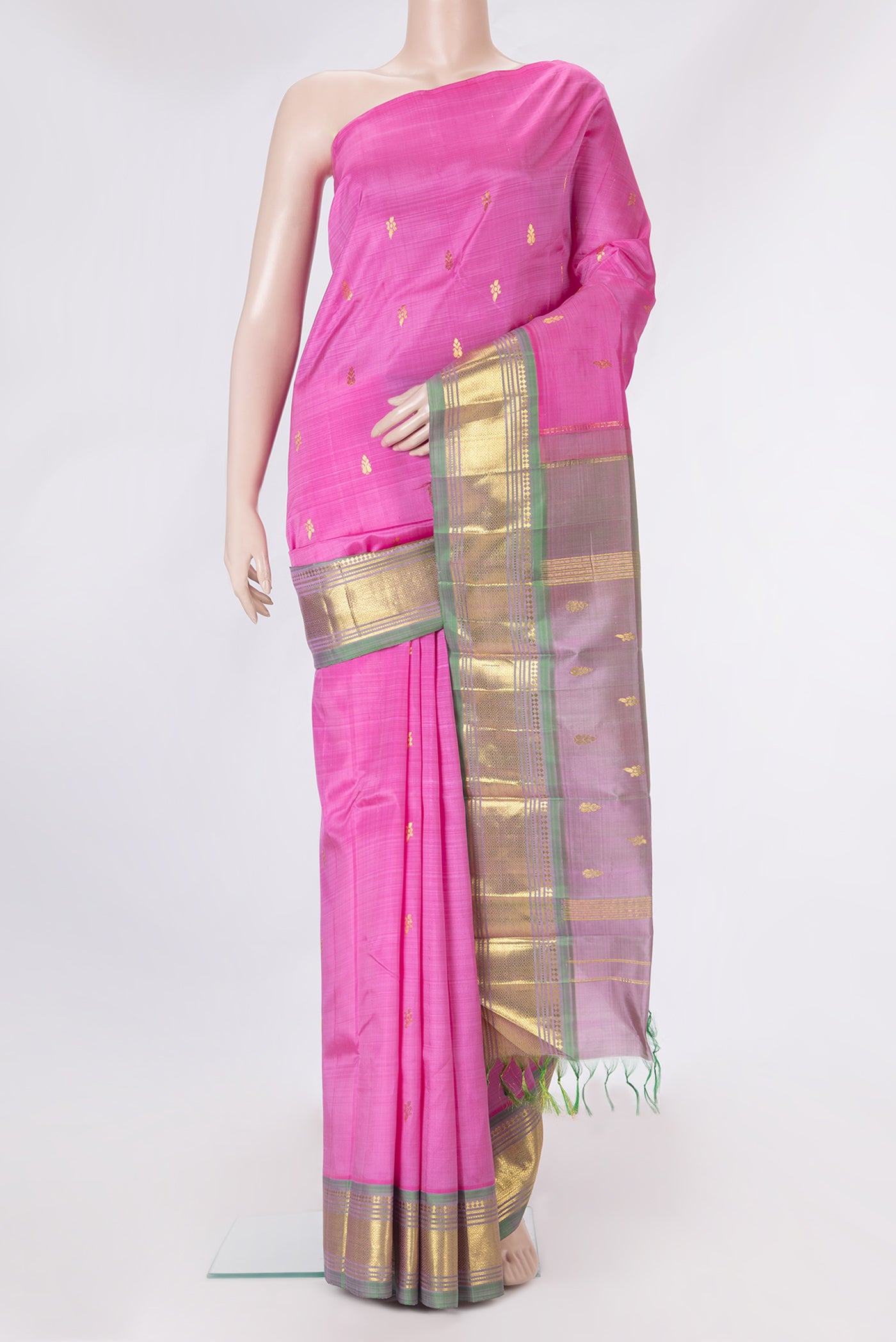 Pink Dual Tone Kanjivaram Silk Saree with Zari Butta on the body and One Side Border.  displayed on a mannequin