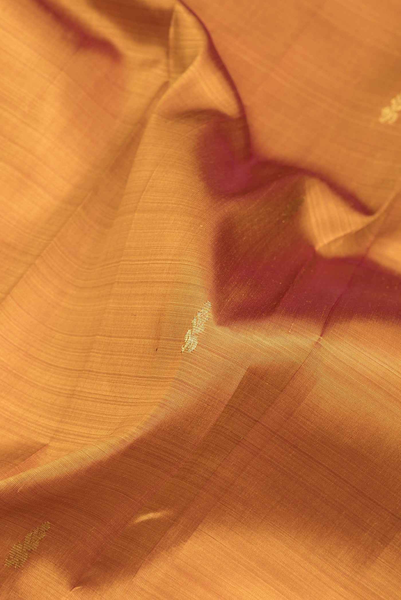 Close up of Gold Dual Tone Kanjivaram Silk Saree with Zari Butta on the body and One Side Border.  displaying folds
