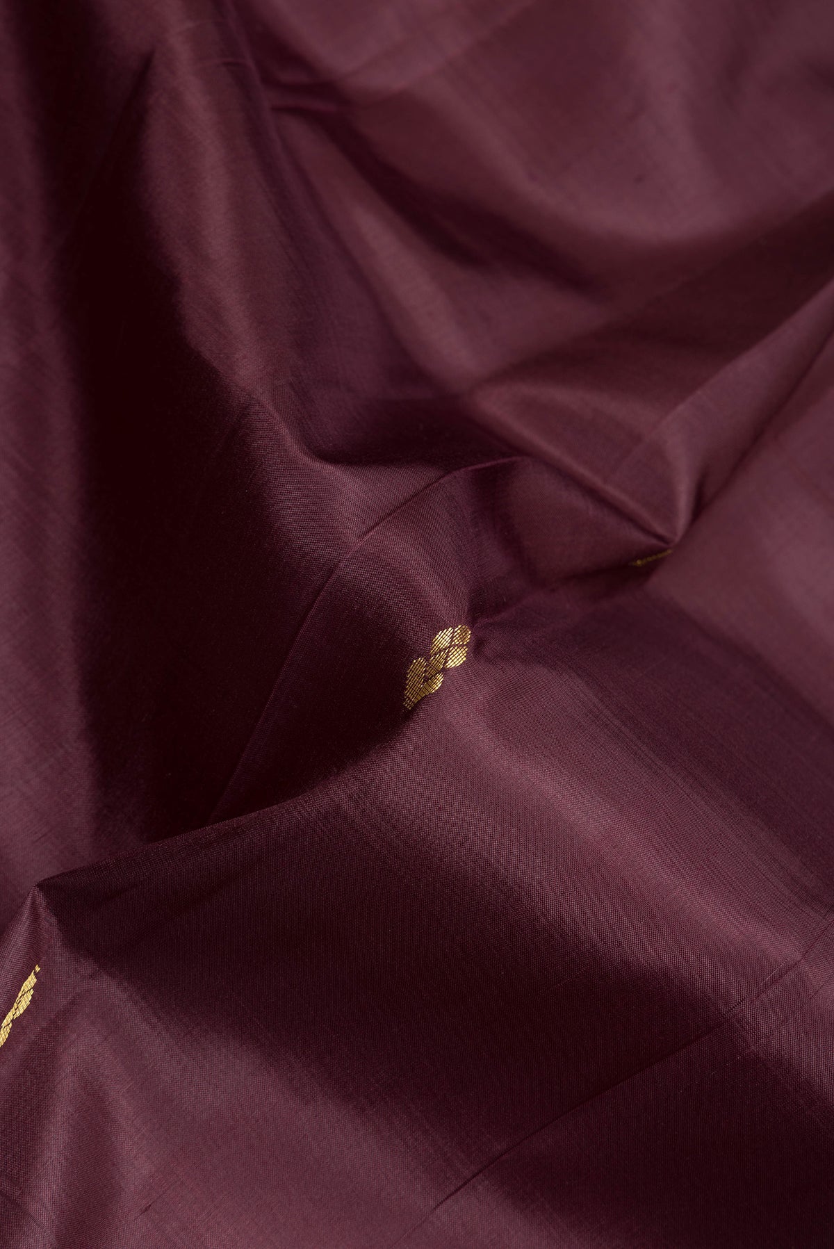 Close up of Coffee Brown Kanjivaram Silk Saree with Zari Butta on the body and Zari Border.  displaying folds