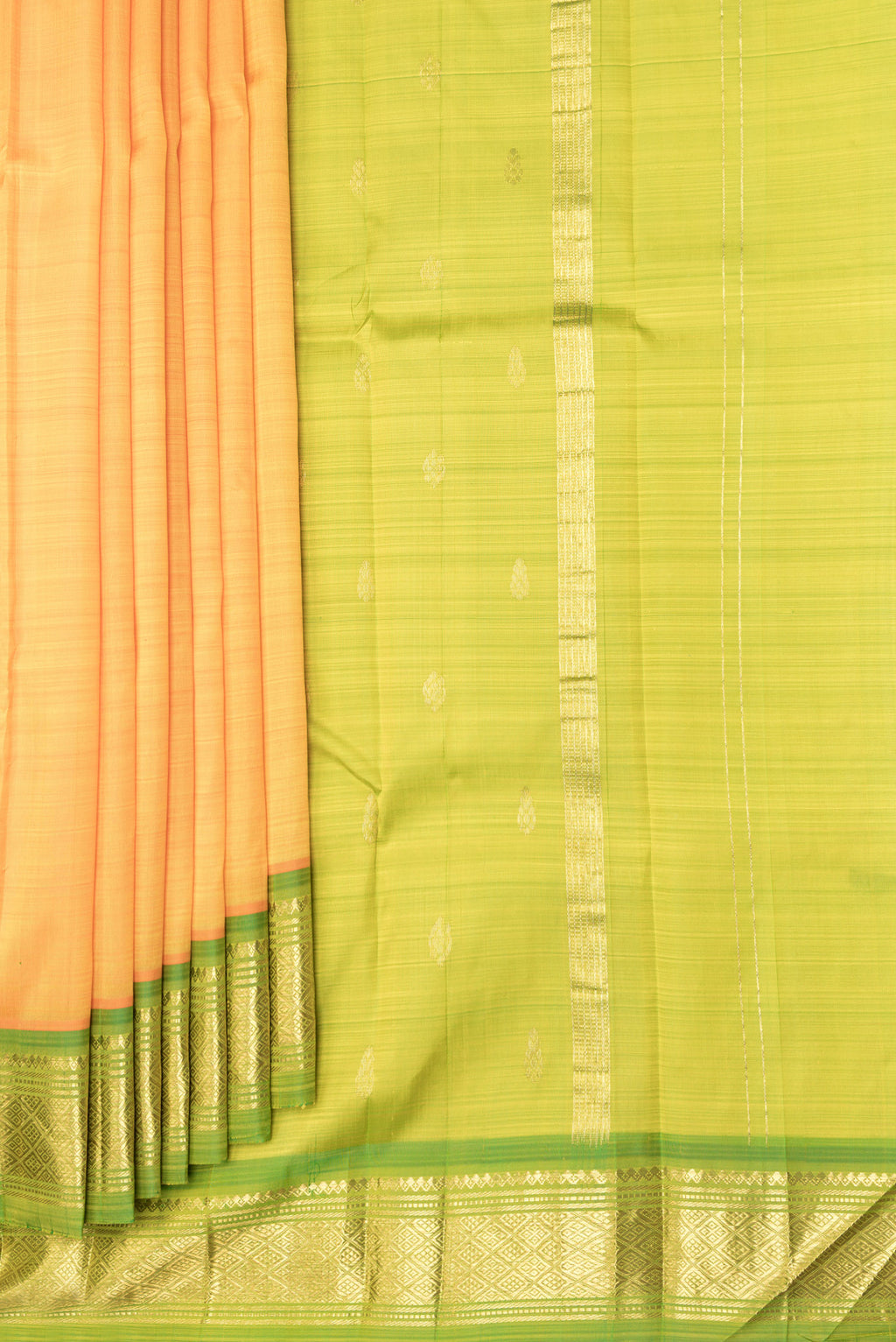 Pleats and pallu of Yellow Dual Tone Kanjivaram Silk Saree with Zari Butta on the body and Zari Border. 