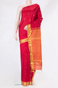 Red Kanchipuram Silk Saree with Zari Butta on the body and Zari Border.  displayed on a mannequin