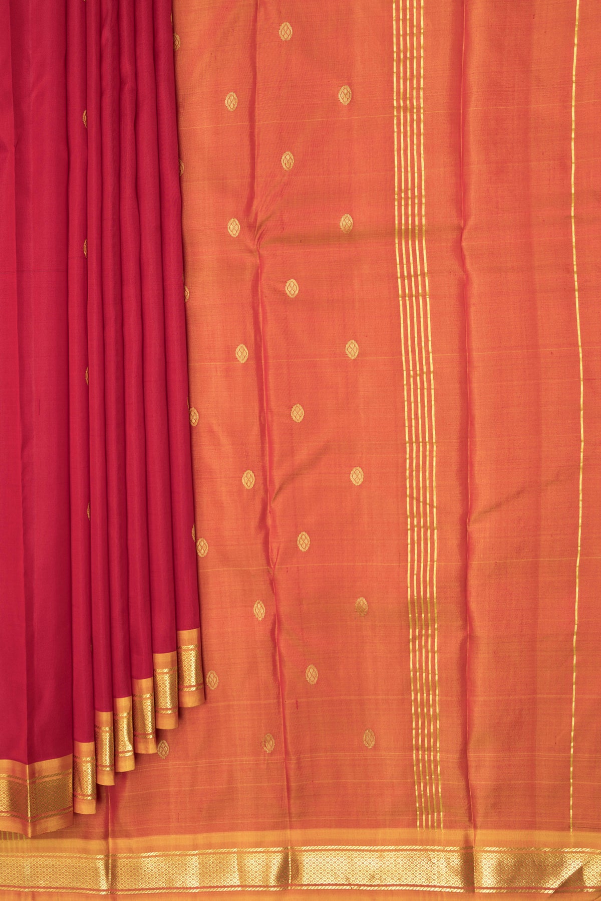 Pleats and pallu of Red Kanchipuram Silk Saree with Zari Butta on the body and Zari Border. 