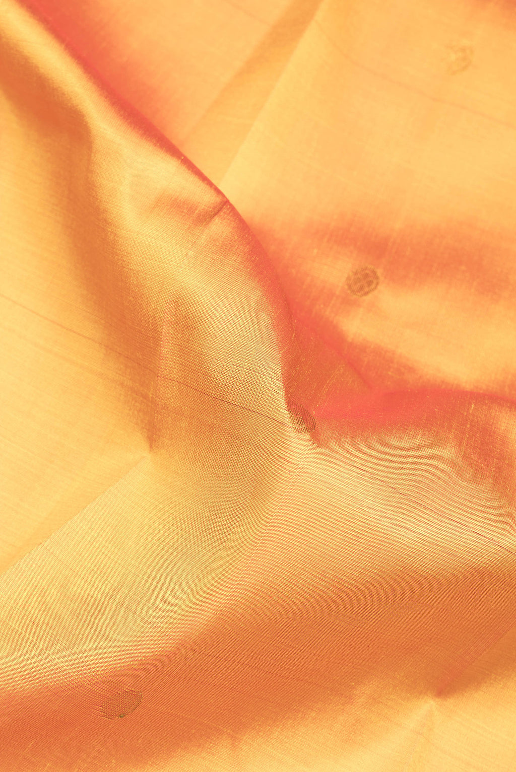 Close up of Mustard Dual Tone Kanchipuram Silk Saree with Zari Butta on the body and One Side Border.  displaying folds