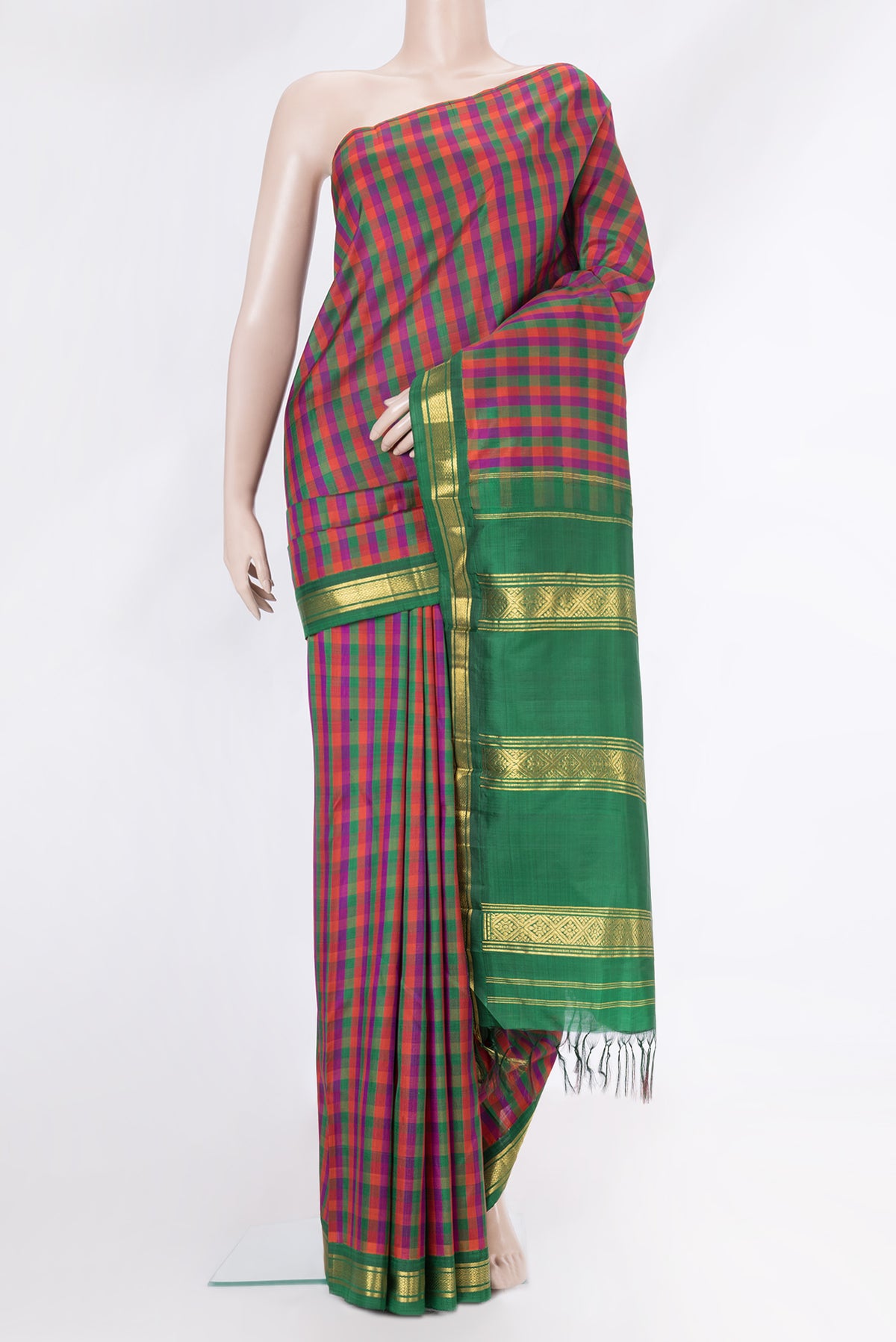 Multi Color Kanchipuram Silk Saree with Checked design on the body and One Side Border.  displayed on a mannequin