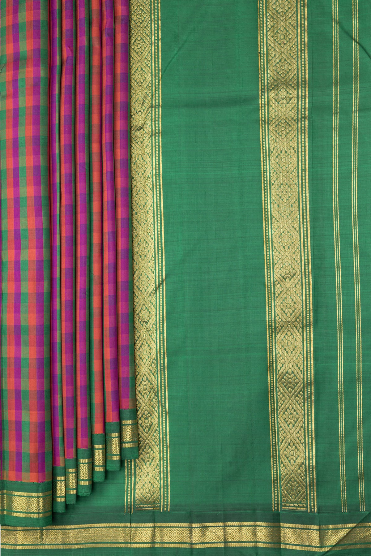 Pleats and pallu of Multi Color Kanchipuram Silk Saree with Checked design on the body and One Side Border. 