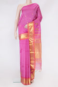 Pink Kanjivaram Silk Saree with Zari Butta on the body and One Side Border.  displayed on a mannequin