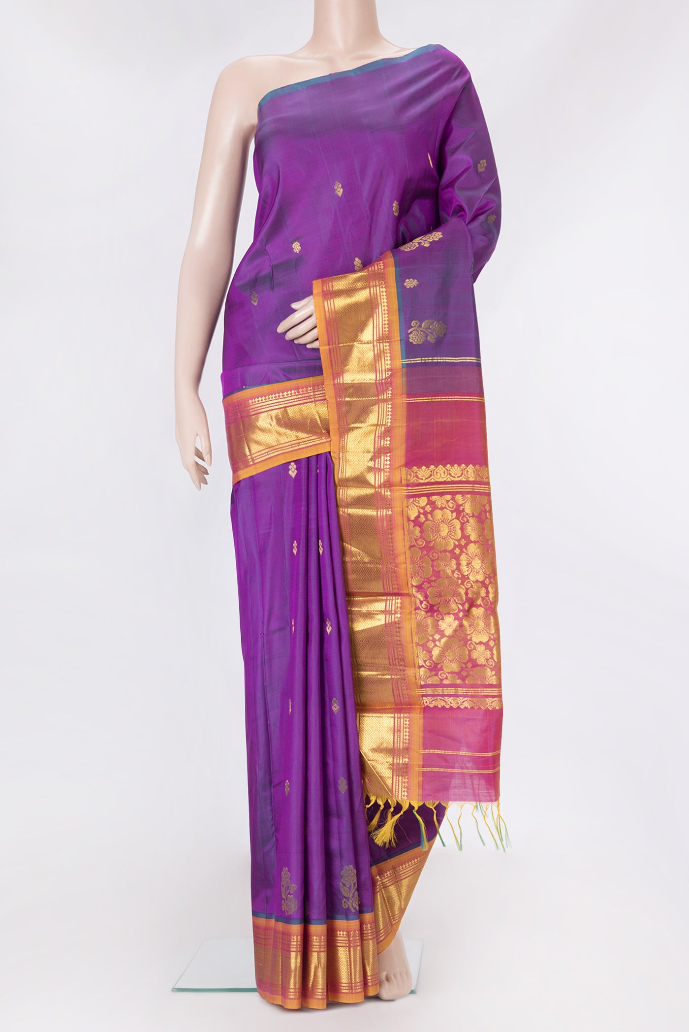 Purple Dual Tone Kanjivaram Silk Saree with Zari Butta on the body and One Side Border.  displayed on a mannequin