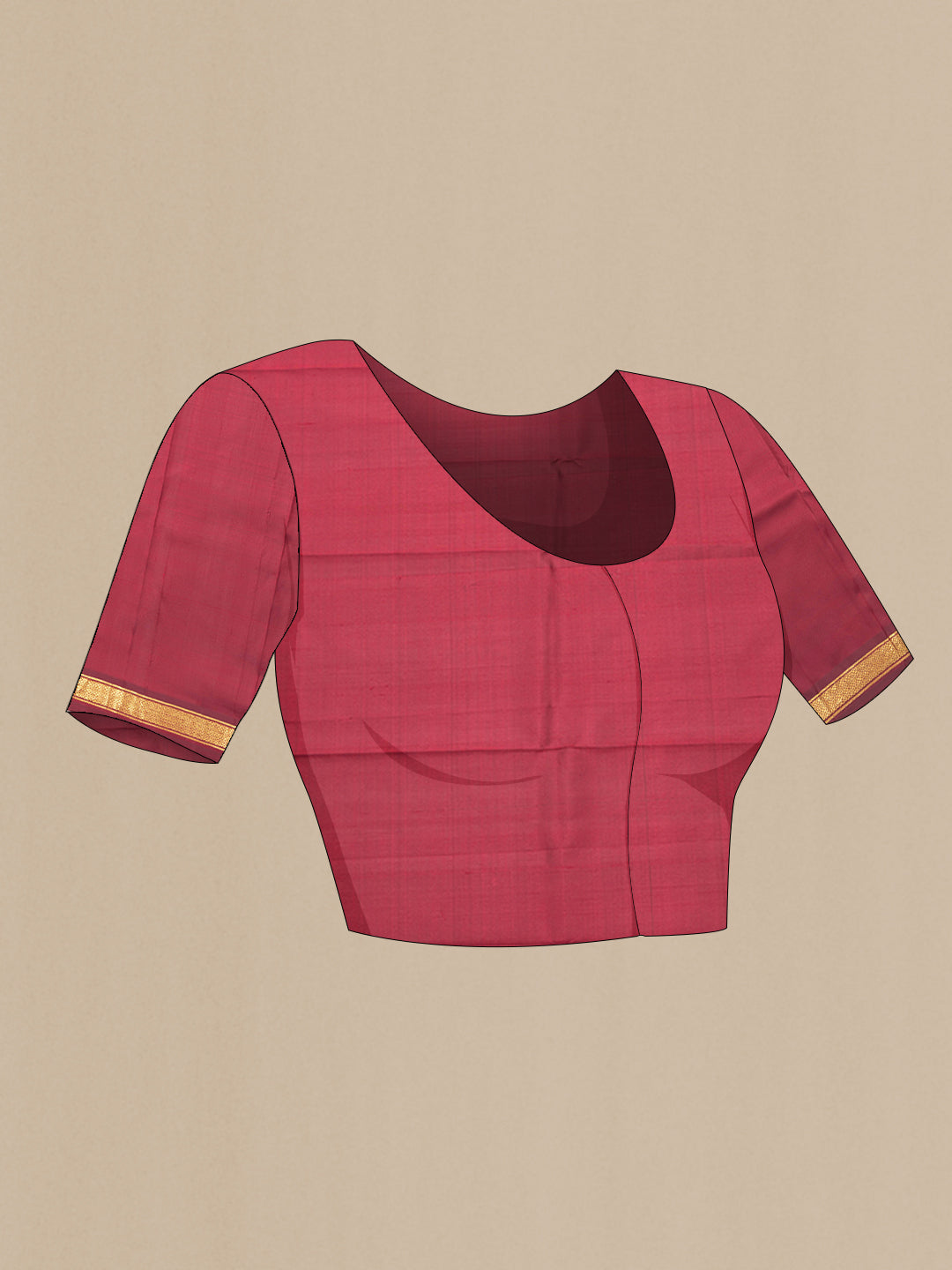 Close up image of the blouse of Maroon Kanjivaram Silk Saree with Plain Body and Zari Border. 