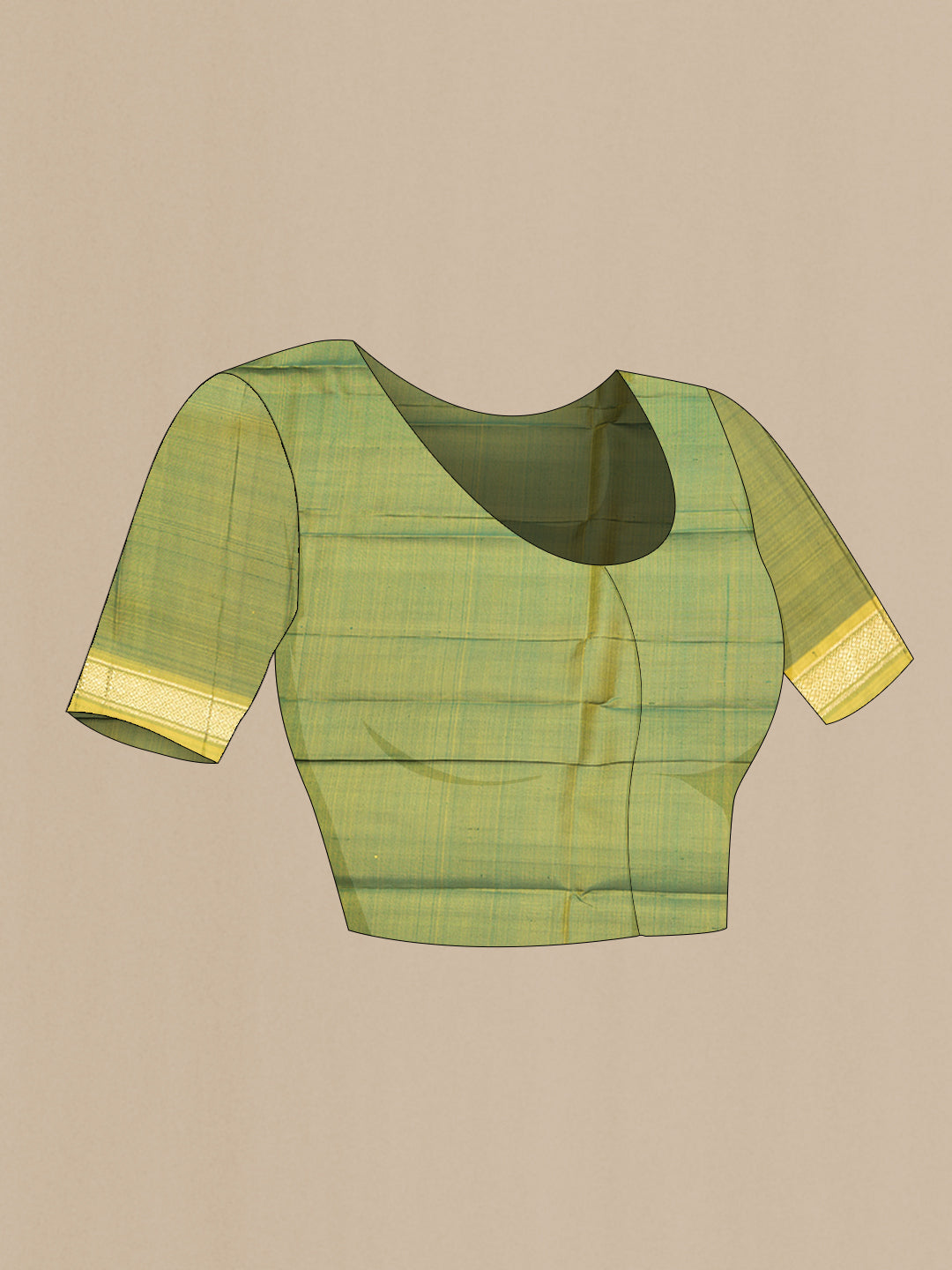 Close up image of the blouse of Bottle Green Dual Tone Kanjivaram Silk Saree with Plain Body and Zari Border. 