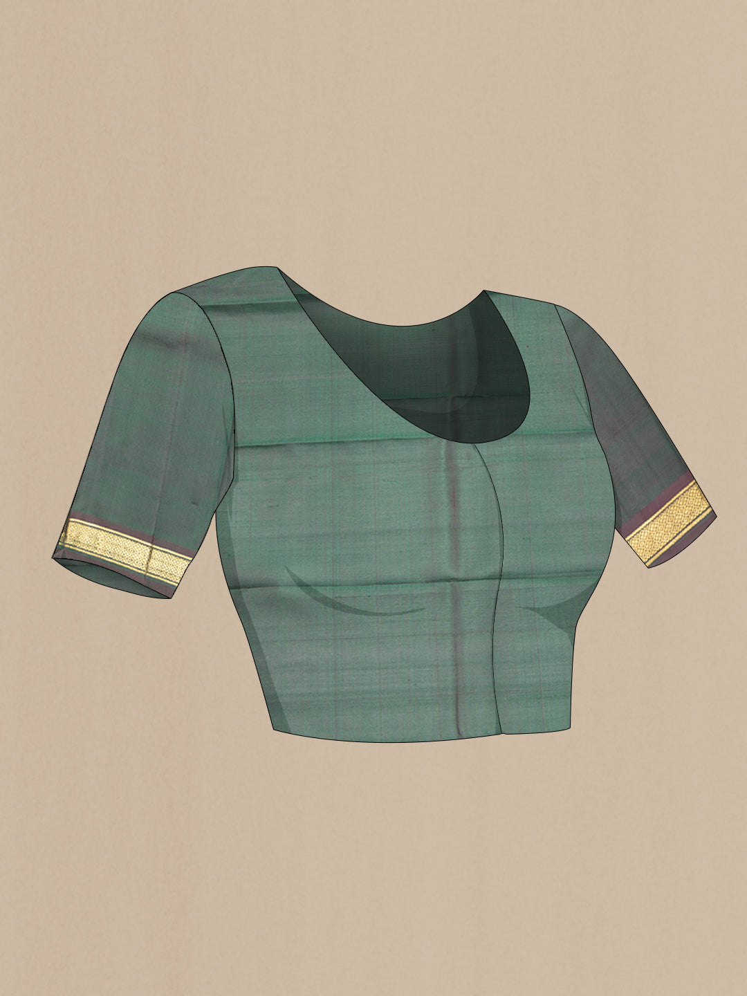 Close up image of the blouse of Bottle Green Dual Tone Kanjivaram Silk Saree with Plain Body and Zari Border. 
