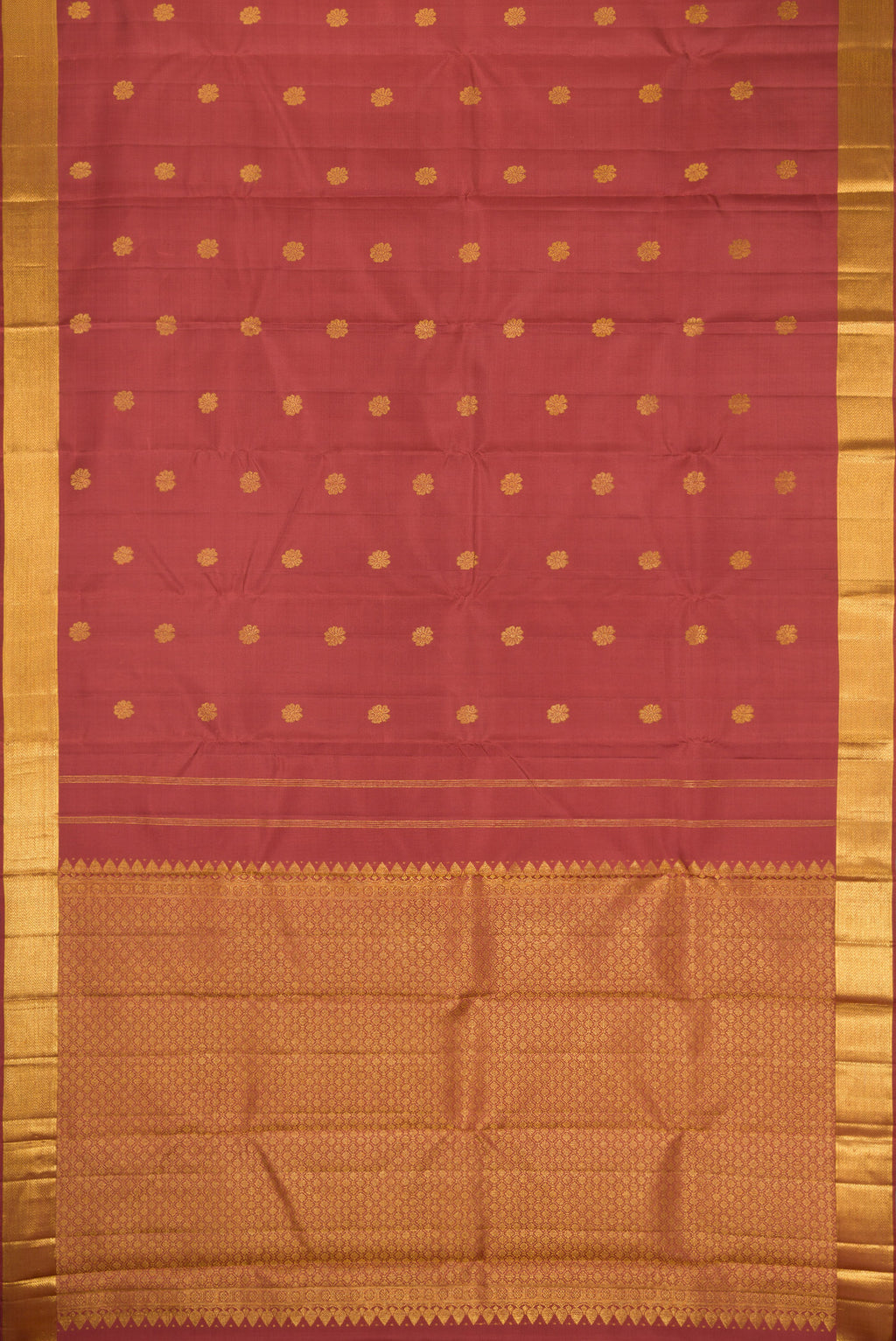 Flat view of Maroon Dual Tone Kanjivaram Silk Saree with Zari Butta on the body and Zari Border. 