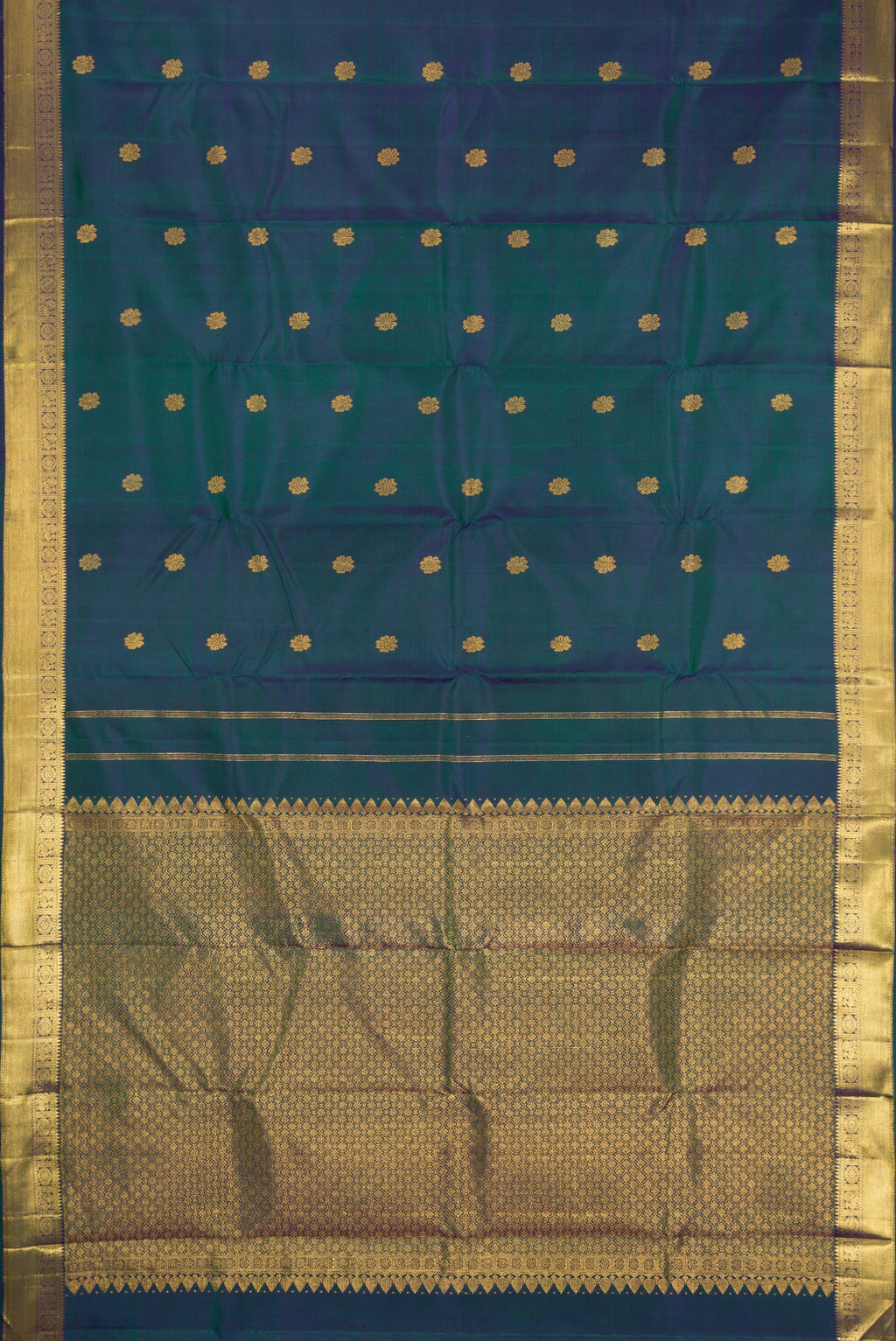 Flat view of Peacock Blue Dual Tone Kanjivaram Silk Saree with Zari Butta on the body and Zari Border. 