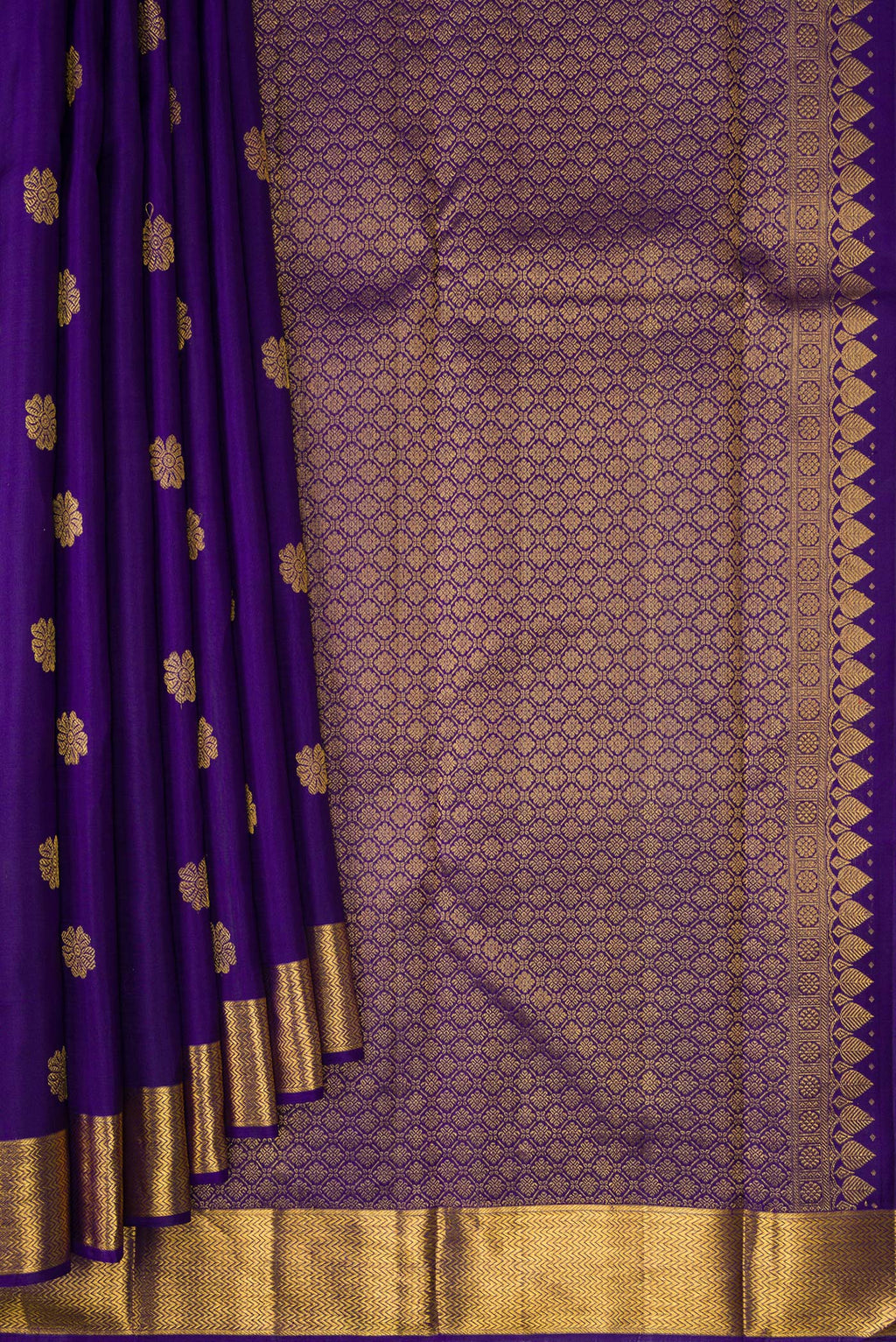 Pleats and pallu of Violet Kanjivaram Silk Saree with Zari Butta on the body and Zari Border. 