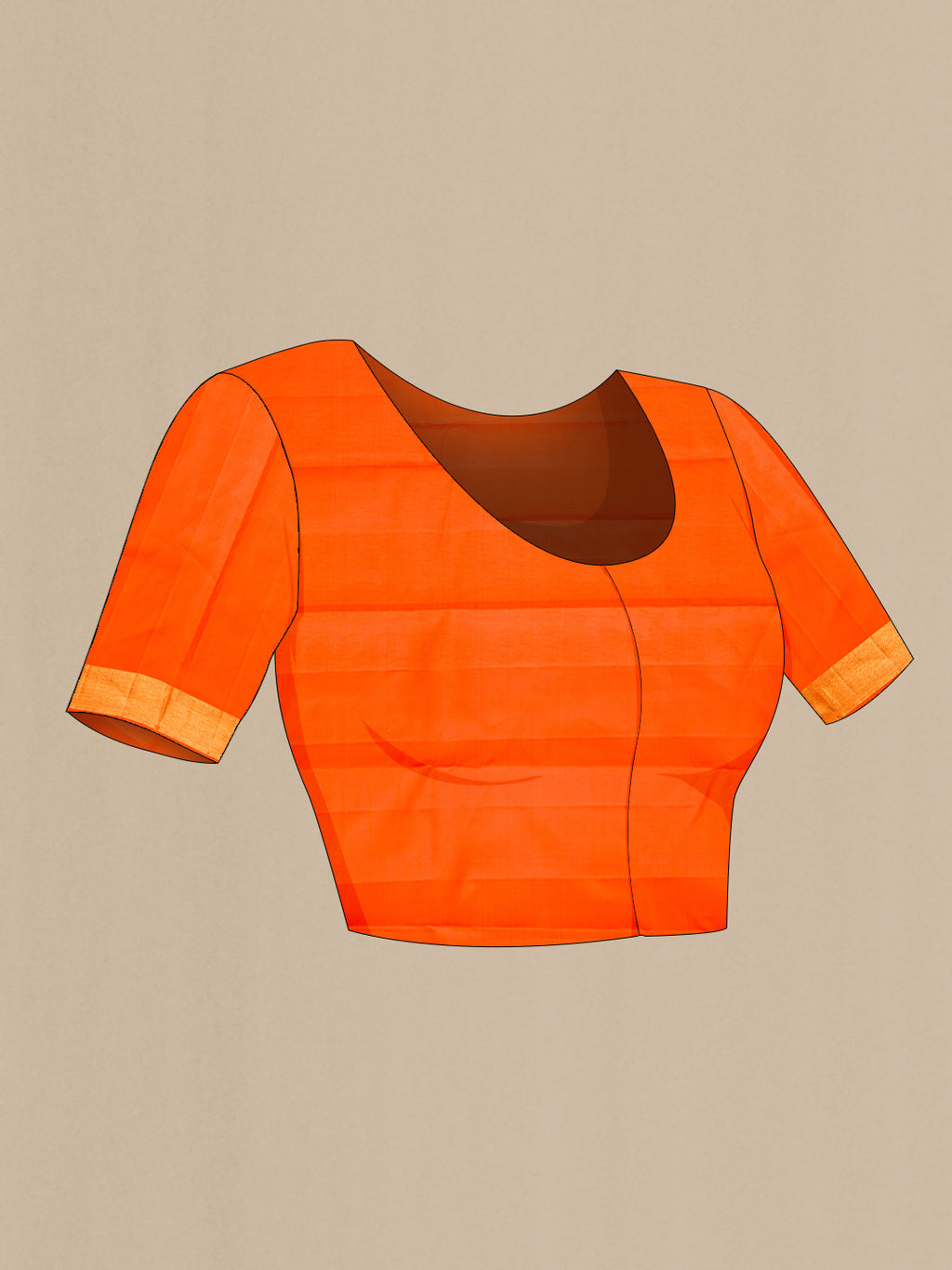 Close up image of the blouse of Orange Kanjivaram Silk Saree with Zari Butta on the body and Zari Border. 