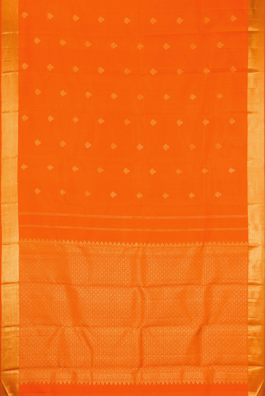 Flat view of Orange Kanjivaram Silk Saree with Zari Butta on the body and Zari Border. 