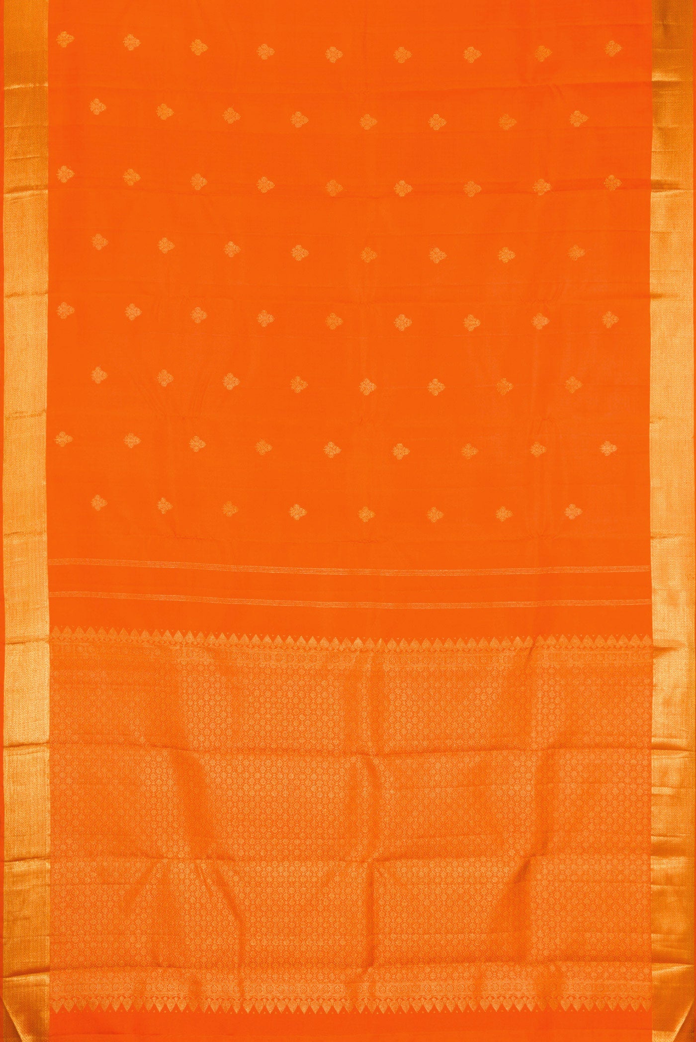 Flat view of Orange Kanjivaram Silk Saree with Zari Butta on the body and Zari Border. 