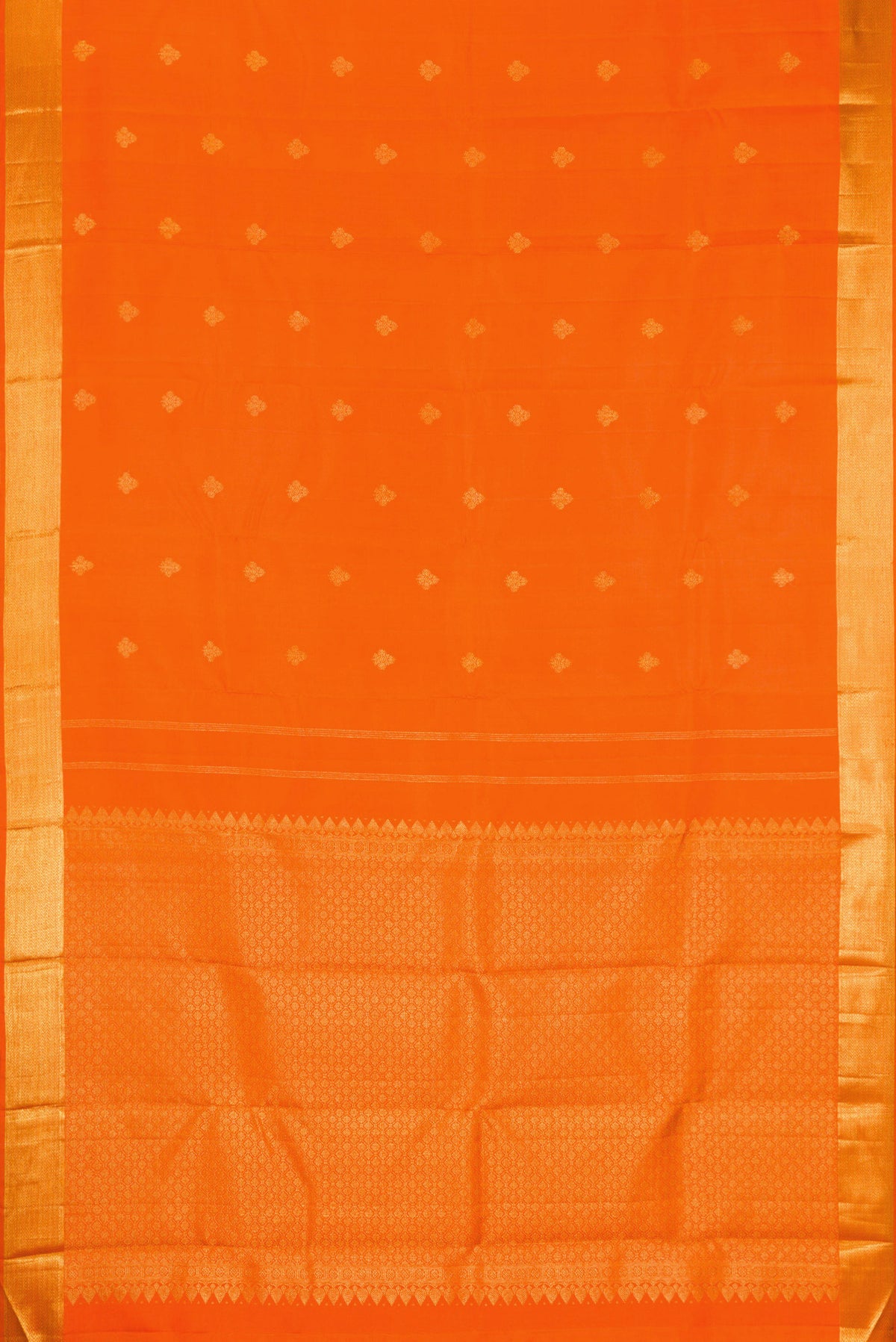 Flat view of Orange Kanjivaram Silk Saree with Zari Butta on the body and Zari Border. 