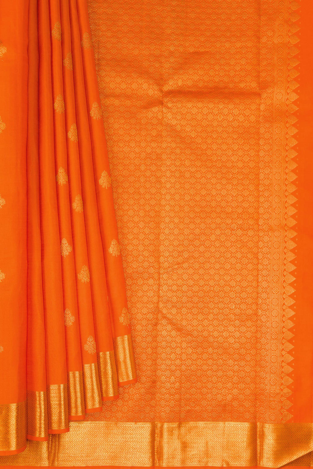 Pleats and pallu of Orange Kanjivaram Silk Saree with Zari Butta on the body and Zari Border. 