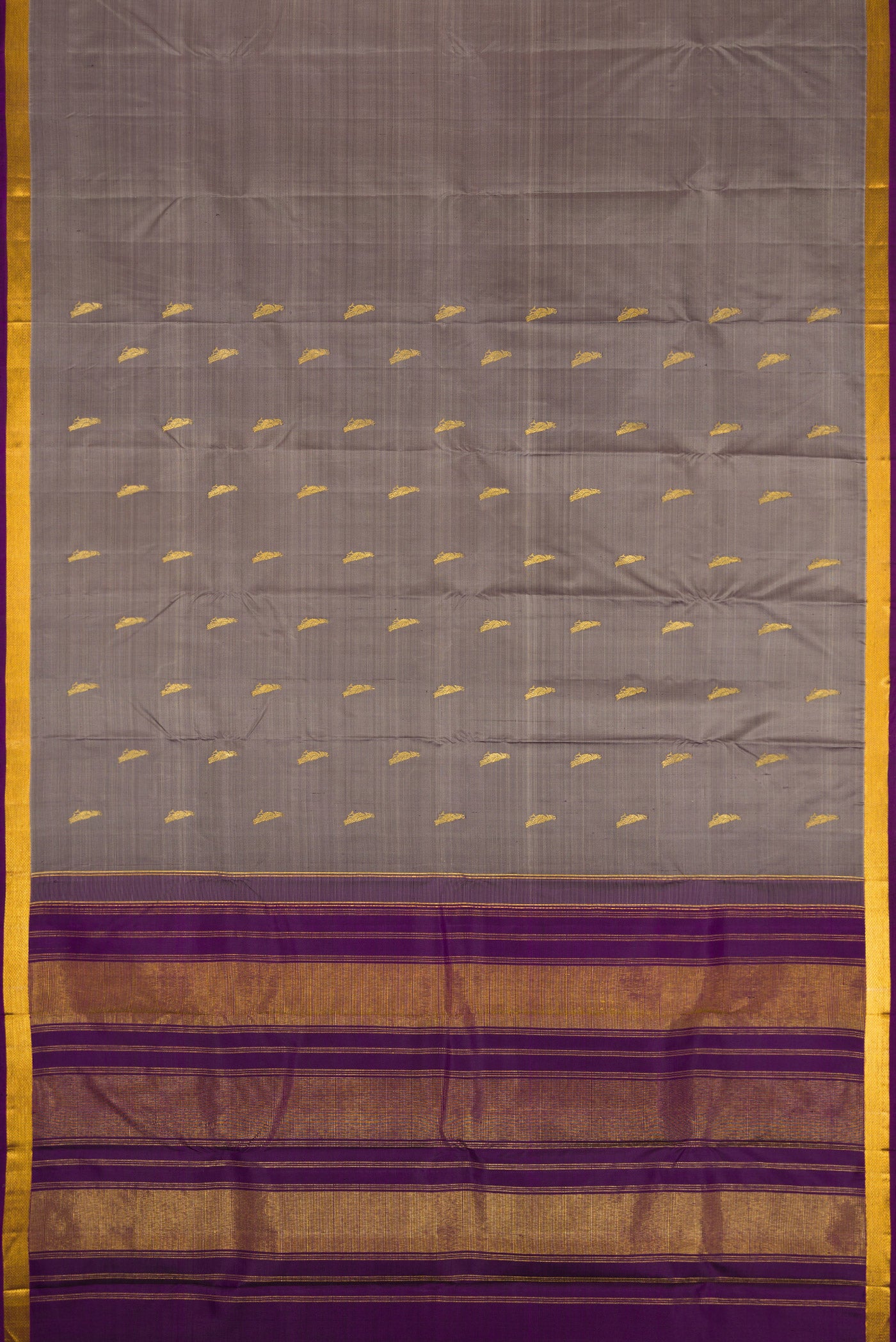Flat view of Grey Dual Tone Kanchipuram Silk Saree with Zari Butta on the body and Zari Border. 