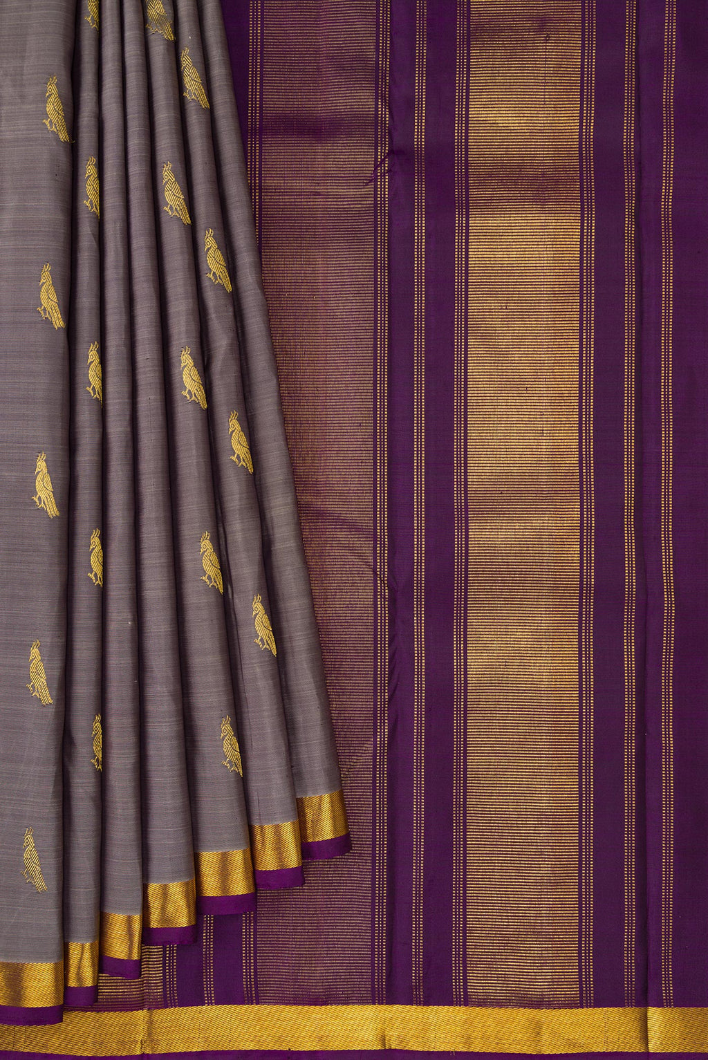 Pleats and pallu of Grey Dual Tone Kanchipuram Silk Saree with Zari Butta on the body and Zari Border. 