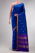 Royal Blue Dual Tone Kanchipuram Silk Saree with Zari Butta on the body and Zari Border.  displayed on a mannequin