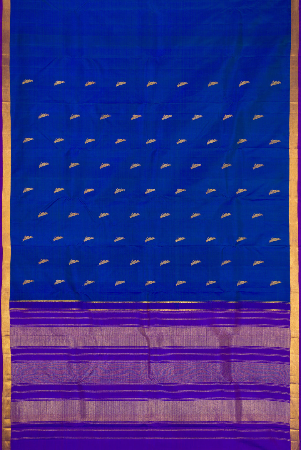 Flat view of Royal Blue Dual Tone Kanchipuram Silk Saree with Zari Butta on the body and Zari Border. 