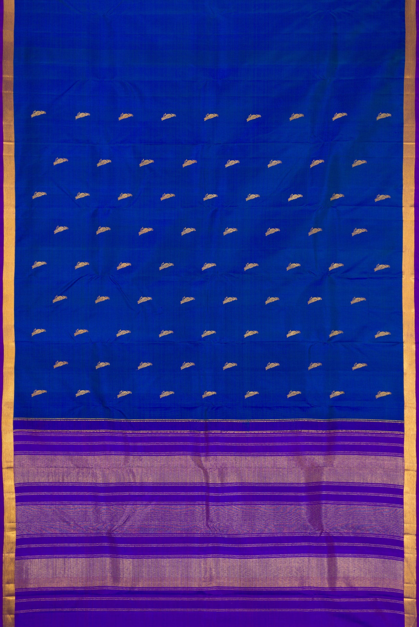 Flat view of Royal Blue Dual Tone Kanchipuram Silk Saree with Zari Butta on the body and Zari Border. 