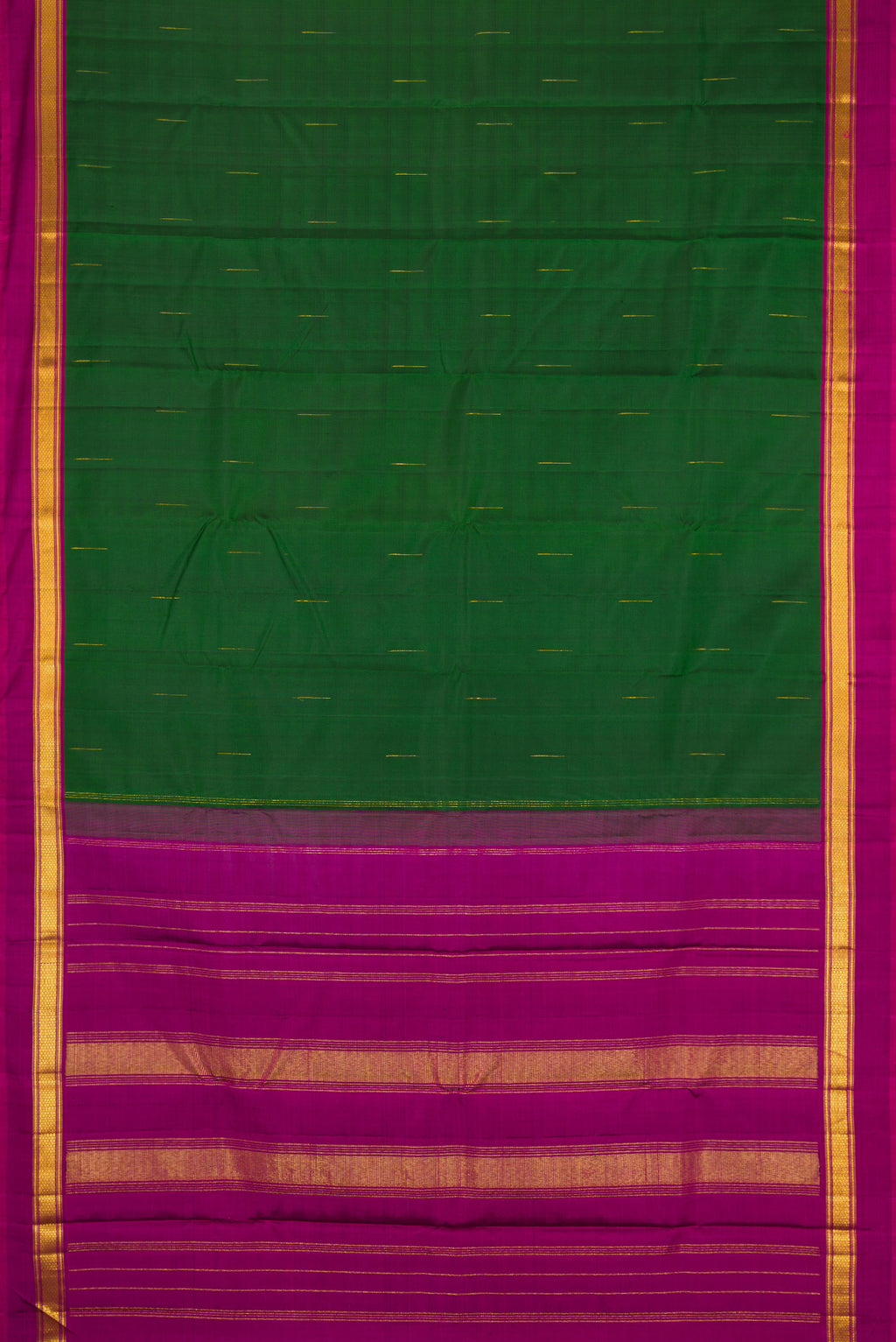 Flat view of Bottle Green Kanchipuram Silk Saree with Zari Butta on the body and Zari Border. 