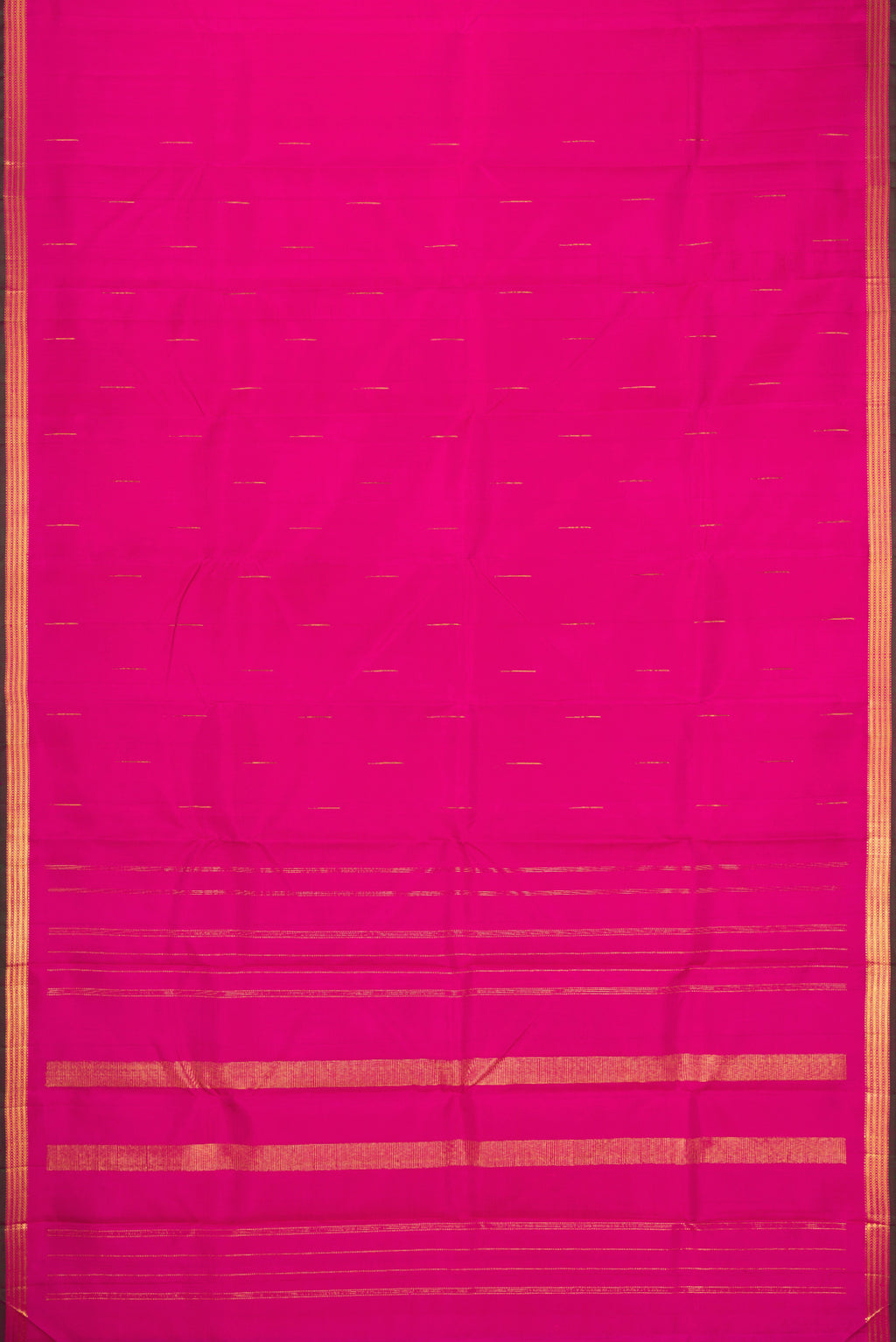 Flat view of Pink Kanchipuram Silk Saree with Zari Butta on the body and Zari Border. 