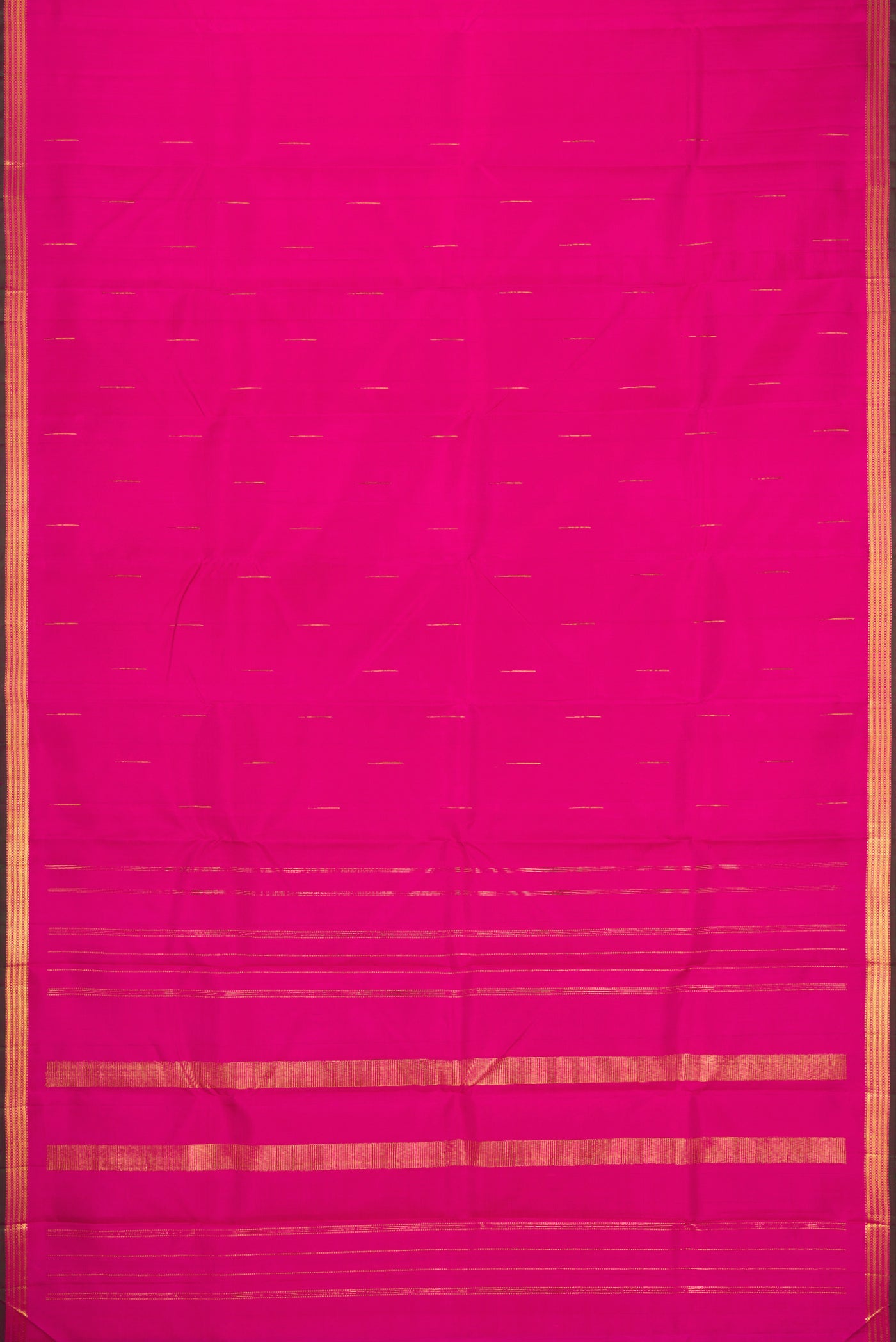 Flat view of Pink Kanchipuram Silk Saree with Zari Butta on the body and Zari Border. 