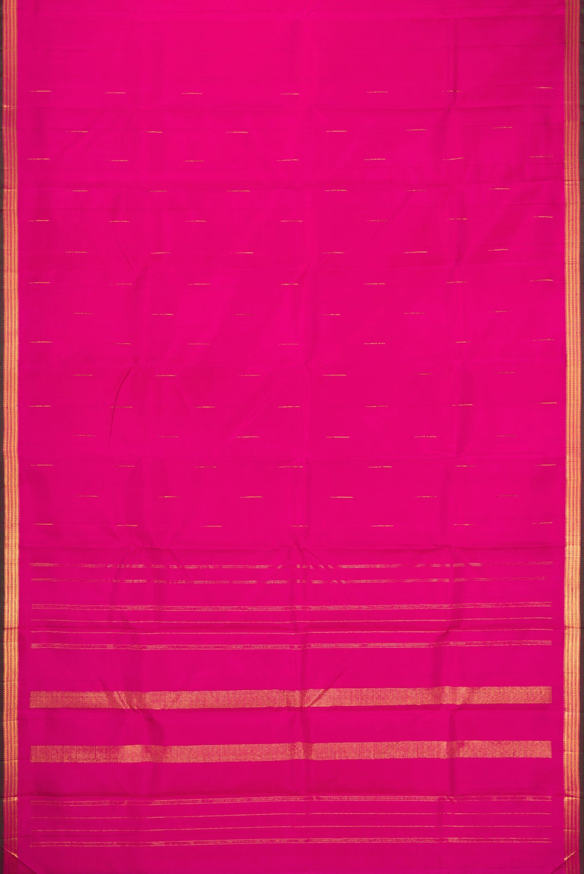 Flat view of Pink Kanchipuram Silk Saree with Zari Butta on the body and Zari Border. 