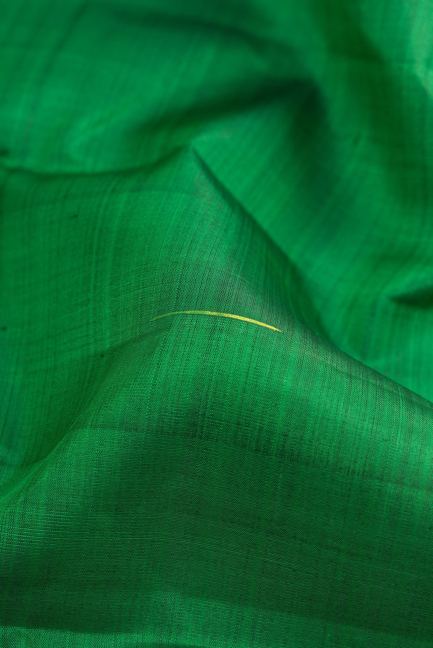 Close up of Green Kanchipuram Silk Saree with Zari Butta on the body and Zari Border.  displaying folds