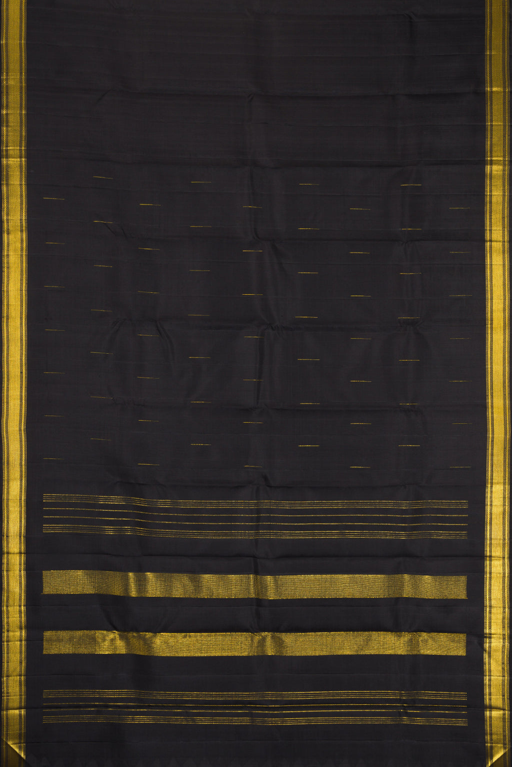 Flat view of Black Kanchipuram Silk Saree with Zari Butta on the body and Zari Border. 