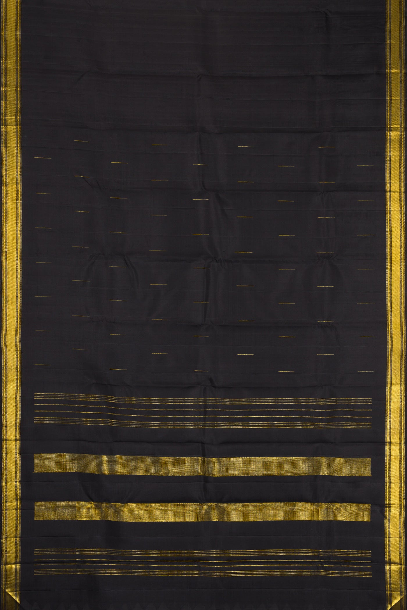 Flat view of Black Kanchipuram Silk Saree with Zari Butta on the body and Zari Border. 