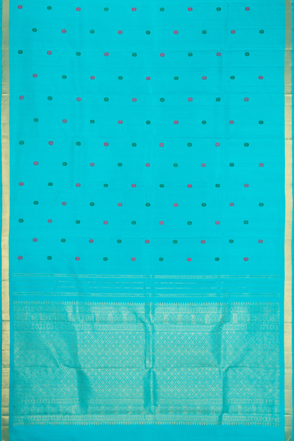 Flat view of Sky Blue Dual Tone Kanchipuram Silk Saree with Thread Butta on the body and Zari Border. 