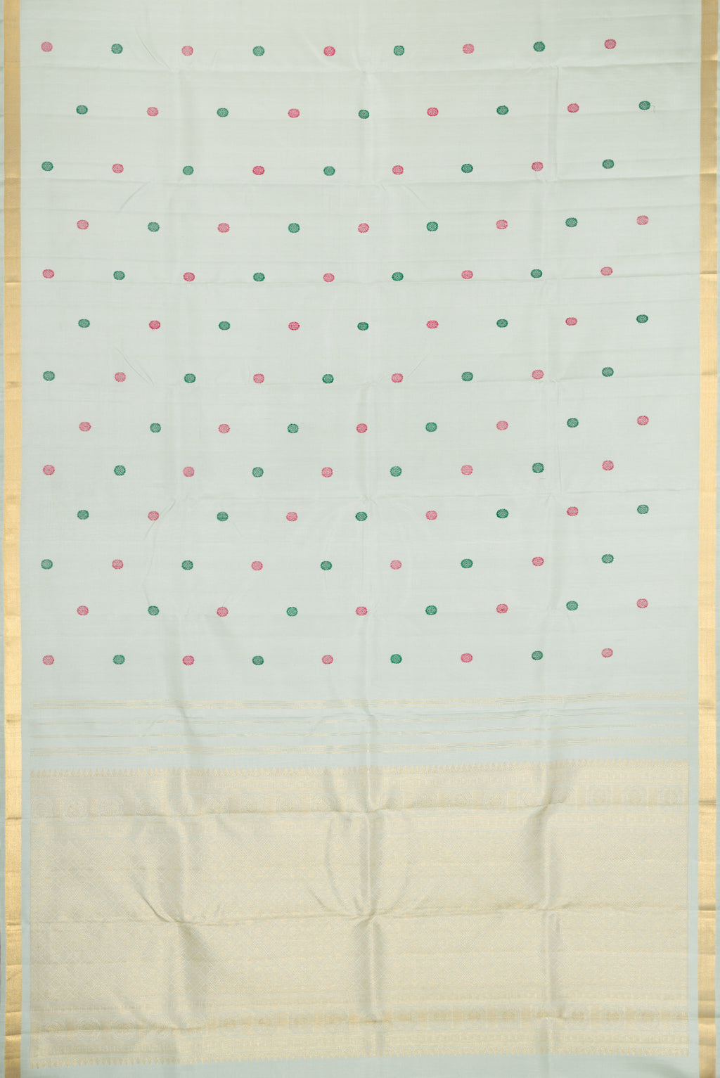 Flat view of Pista Green Kanchipuram Silk Saree with Thread Butta on the body and Zari Border. 