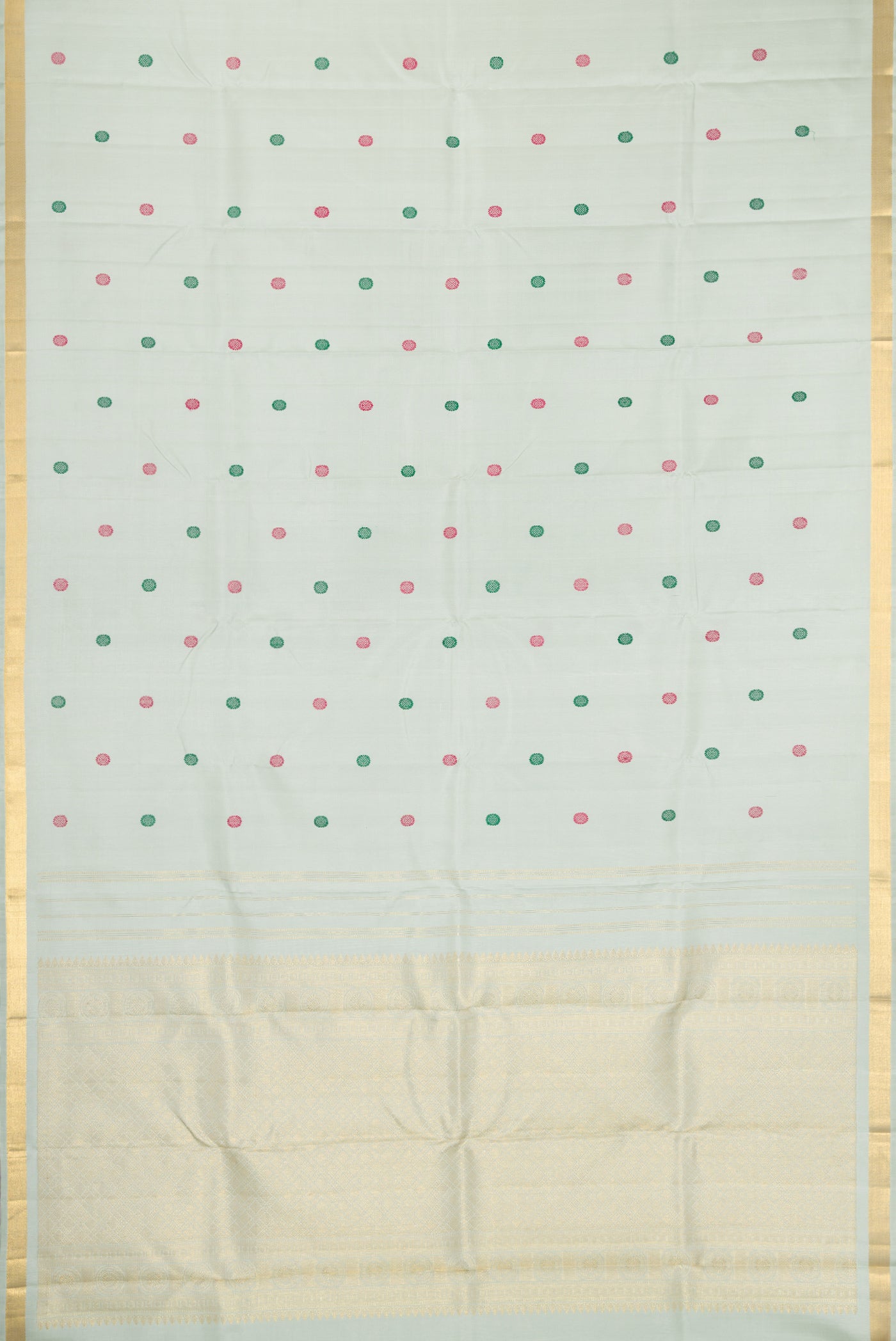 Flat view of Pista Green Kanchipuram Silk Saree with Thread Butta on the body and Zari Border. 