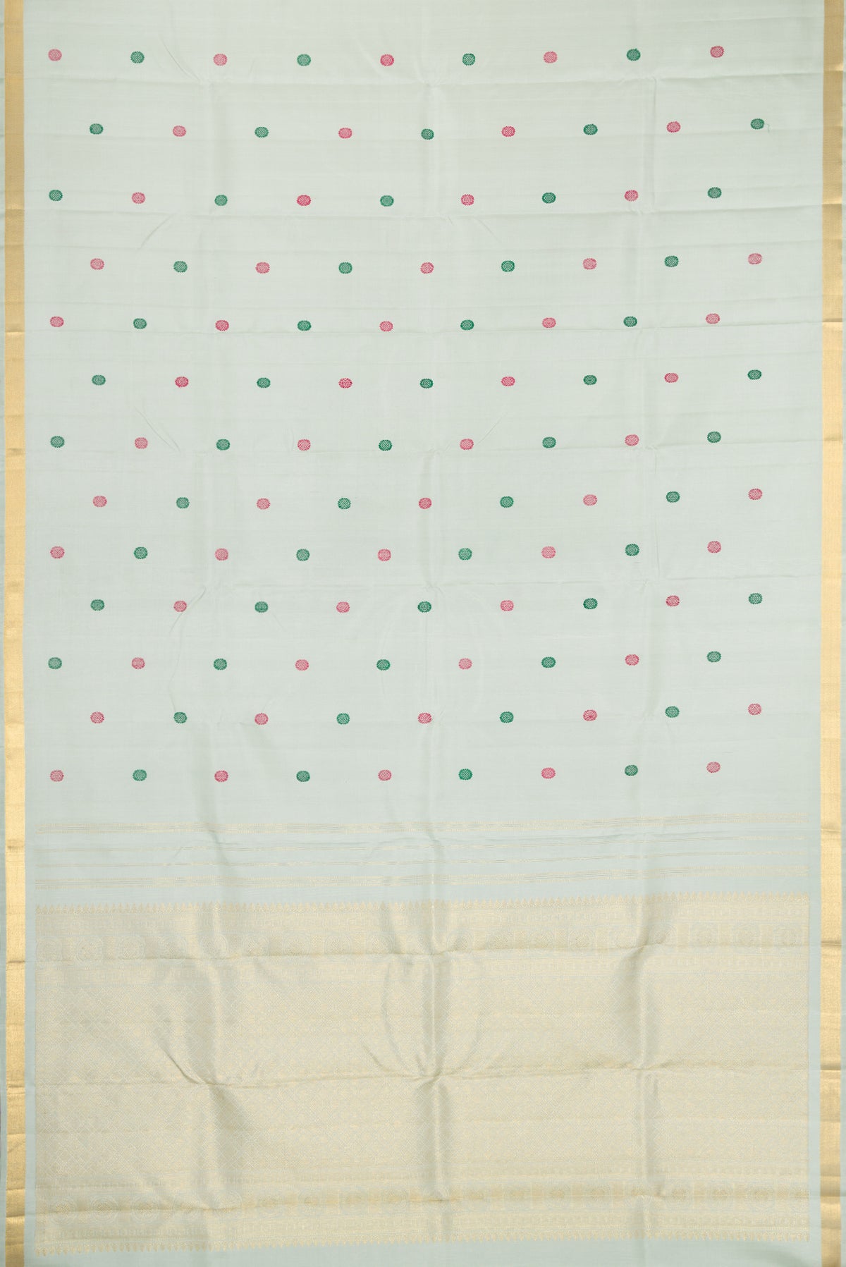 Flat view of Pista Green Kanchipuram Silk Saree with Thread Butta on the body and Zari Border. 