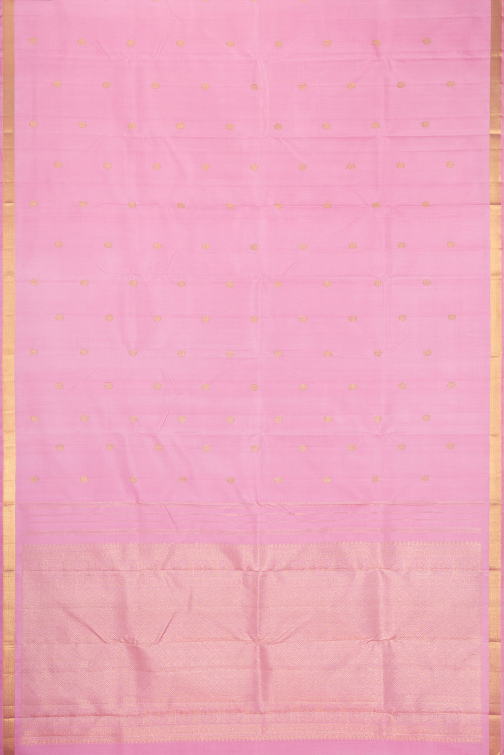 Flat view of Pink Kanchipuram Silk Saree with Zari Butta on the body and Zari Border. 