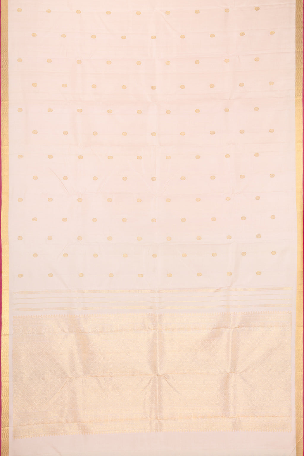 Flat view of Sandal Kanchipuram Silk Saree with Zari Butta on the body and Zari Border. 