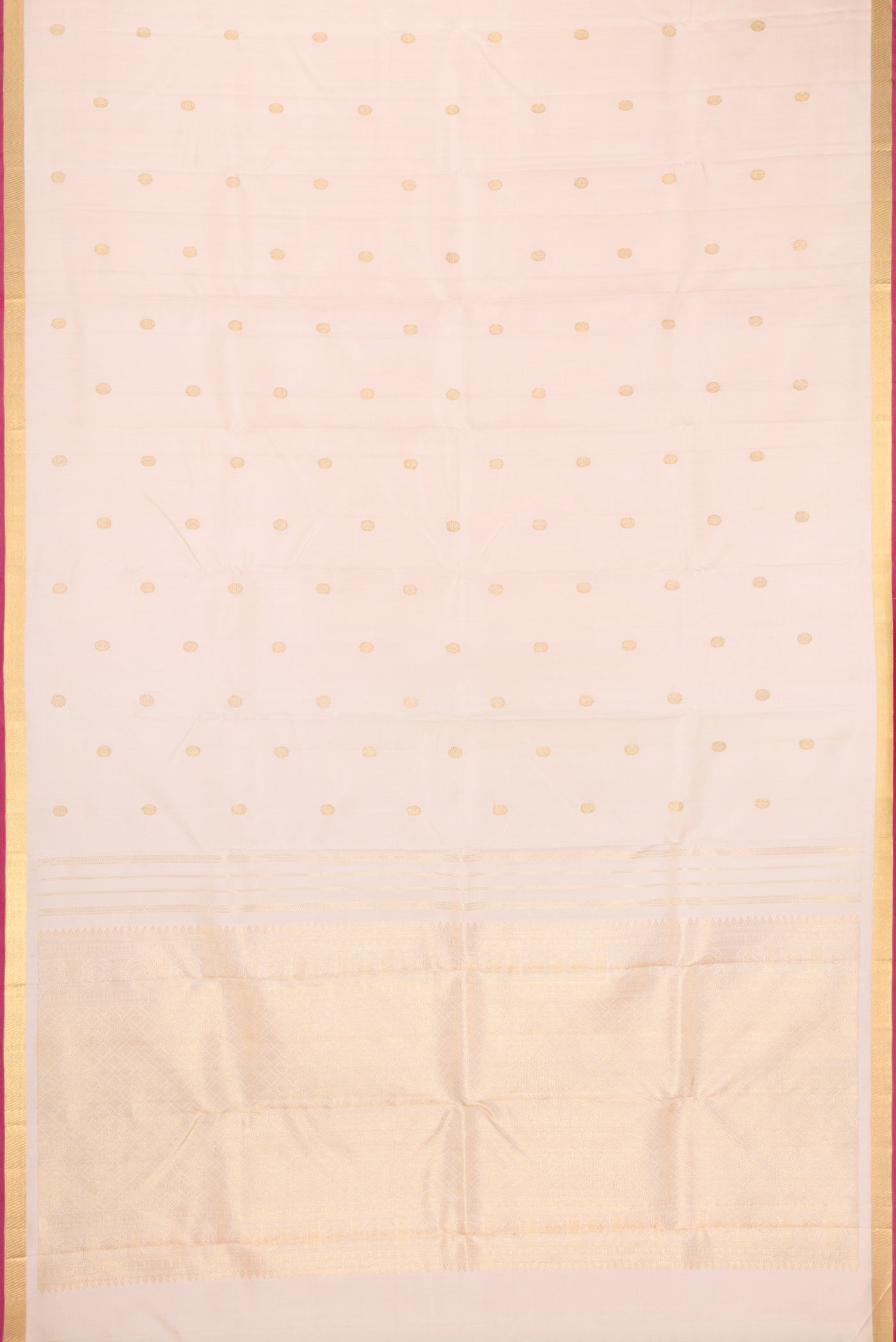 Flat view of Sandal Kanchipuram Silk Saree with Zari Butta on the body and Zari Border. 