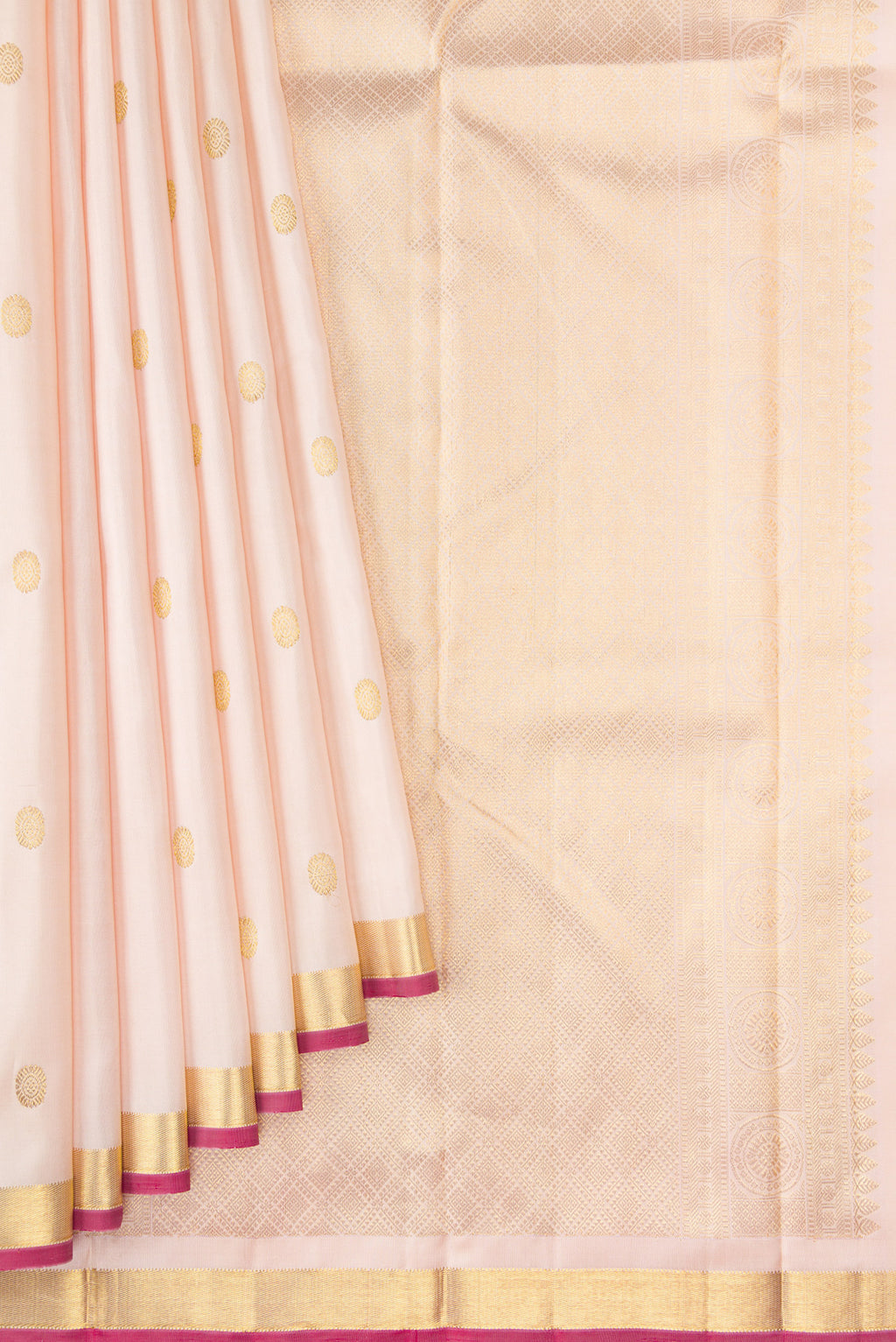 Pleats and pallu of Sandal Kanchipuram Silk Saree with Zari Butta on the body and Zari Border. 