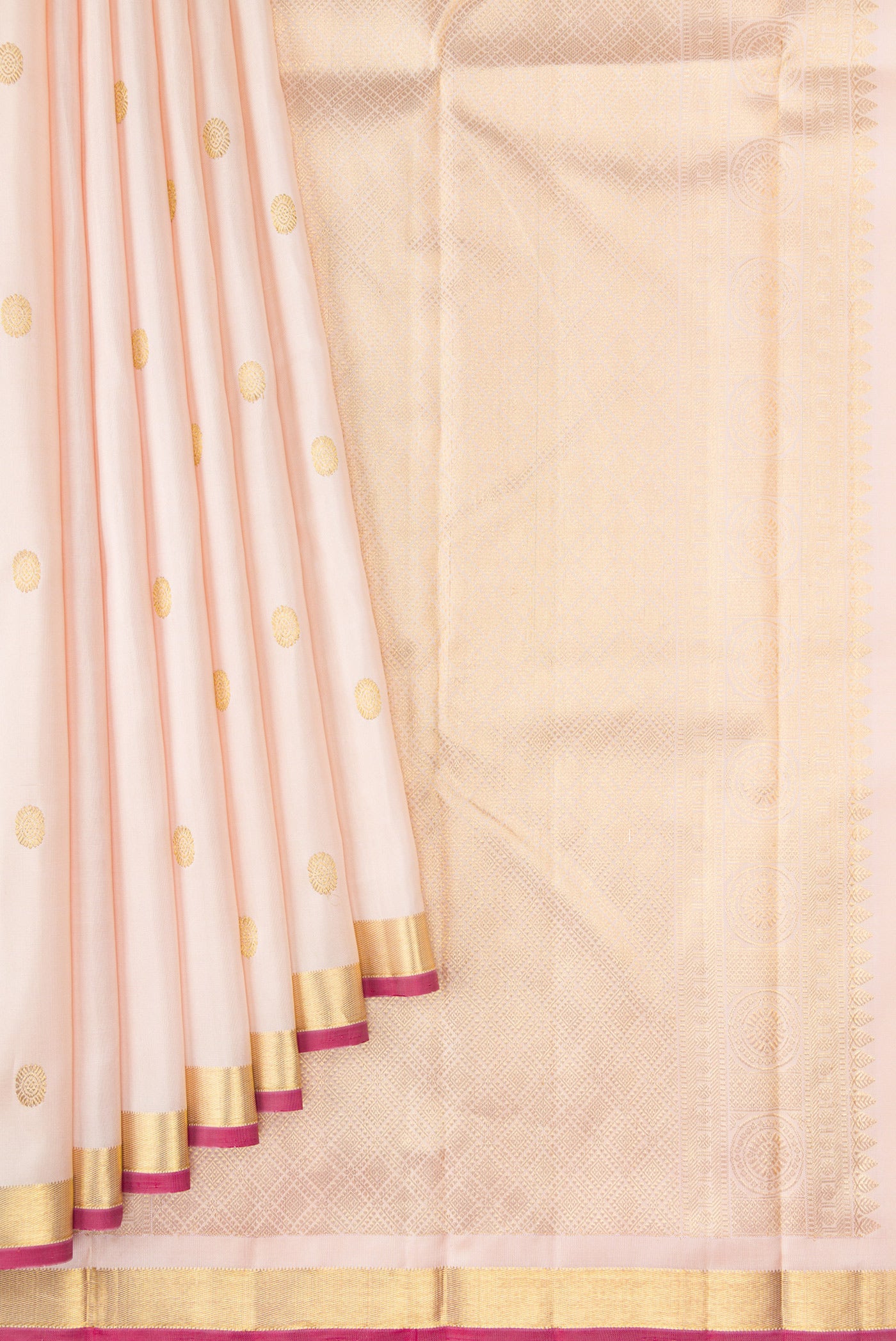 Pleats and pallu of Sandal Kanchipuram Silk Saree with Zari Butta on the body and Zari Border. 
