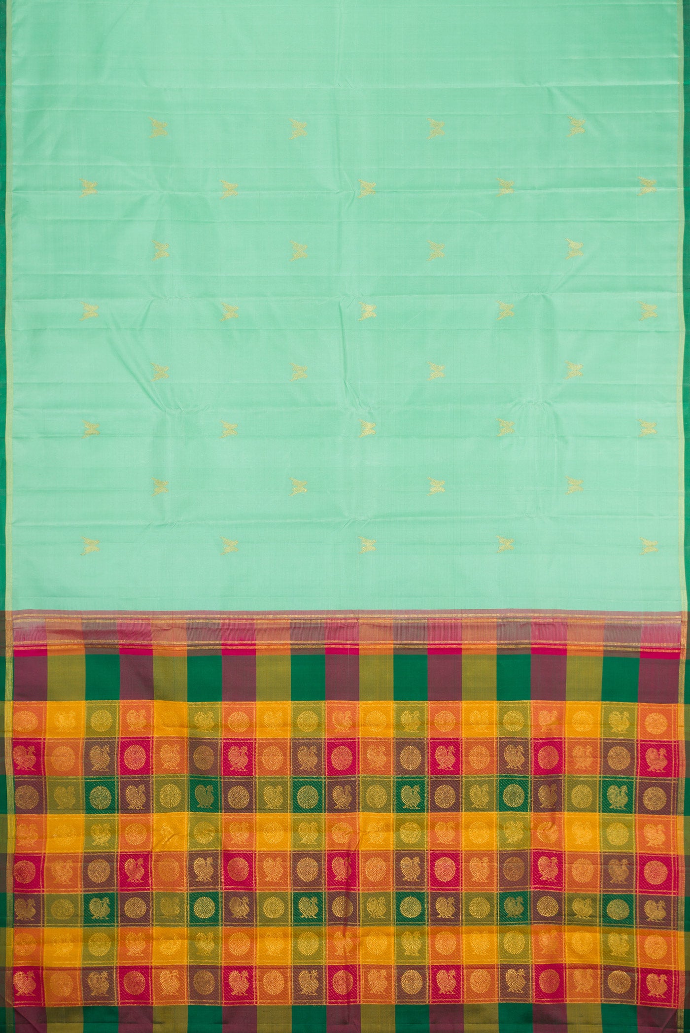 Flat view of Sea Green Dual Tone Kanchipuram Silk Saree with Zari Butta on the body and Thin Zari Line. 